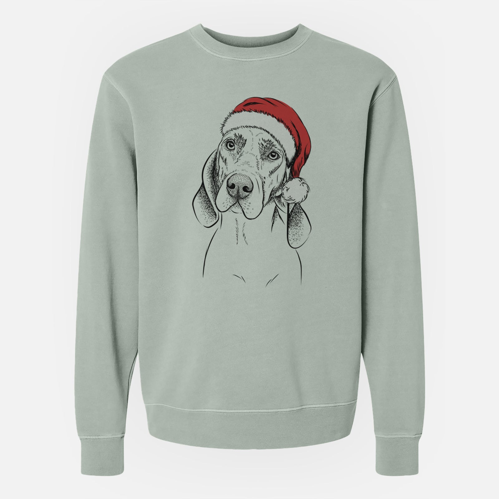 Hand-drawn sketch of Norman the Plott Hound wearing a Santa hat on a Sage Unisex pigment dyed crew sweatshirt