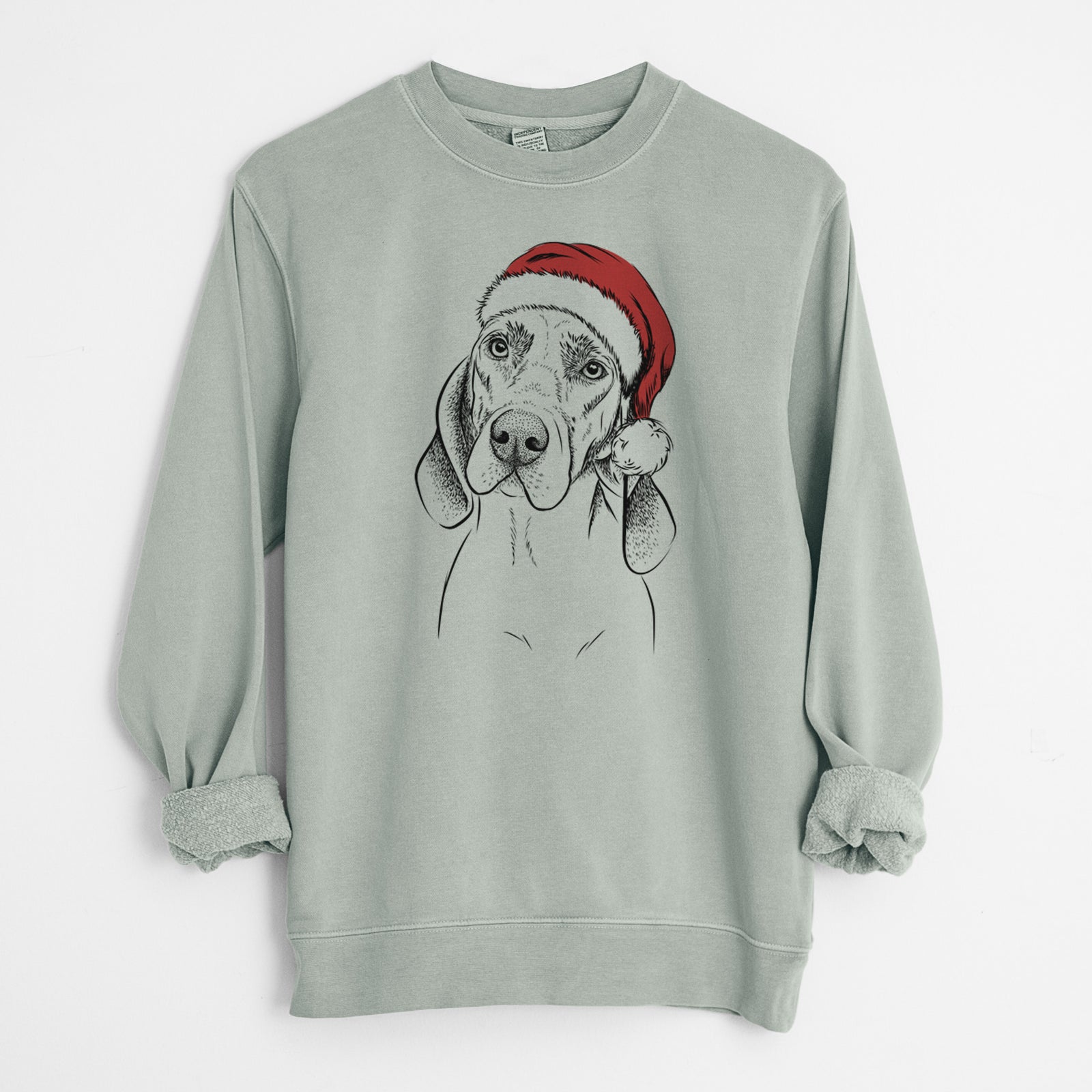 Hand-drawn sketch of Norman the Plott Hound wearing a Santa hat on a Sage Unisex pigment dyed crew sweatshirt