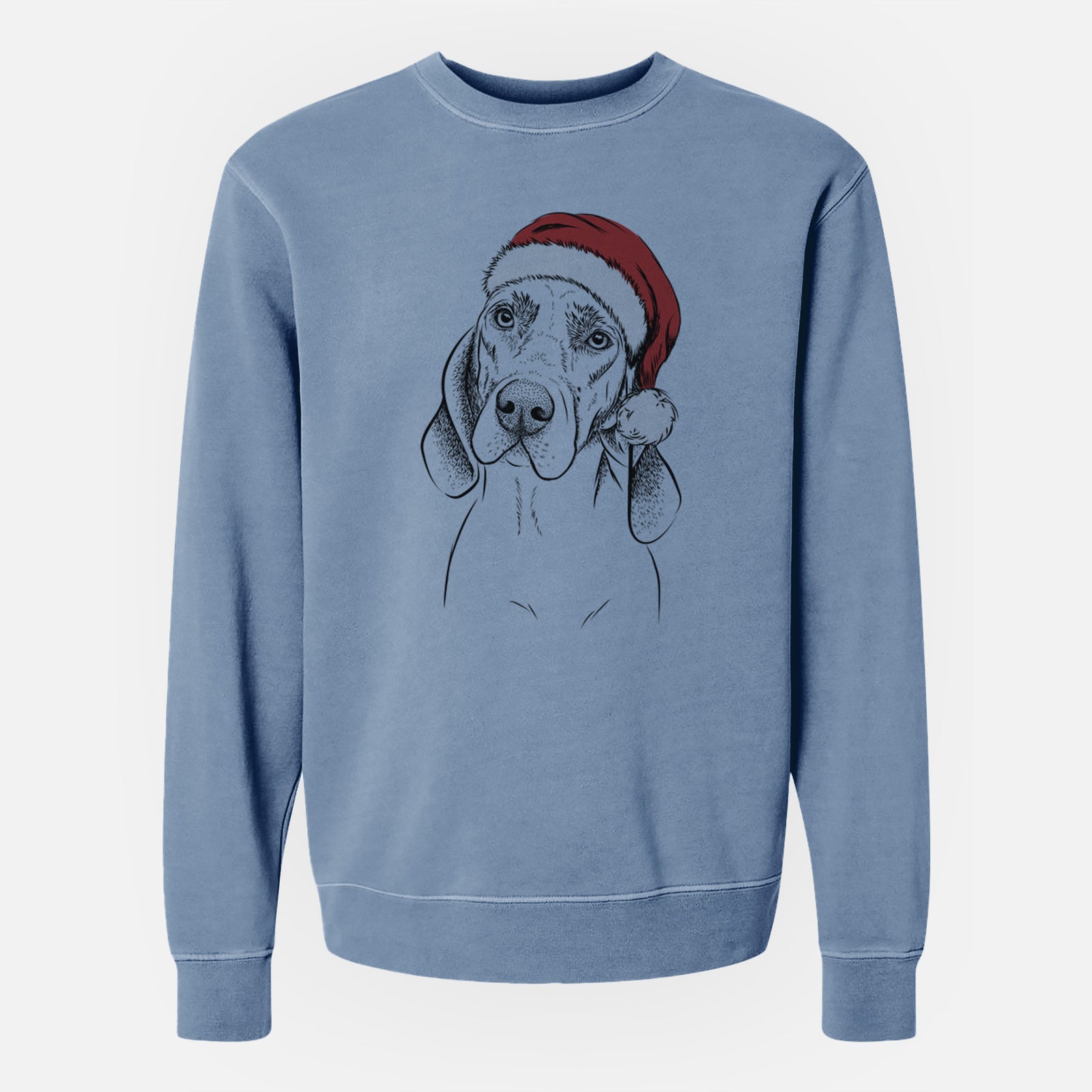 Hand-drawn sketch of Norman the Plott Hound wearing a Santa hat on a Slate Blue Unisex pigment dyed crew sweatshirt