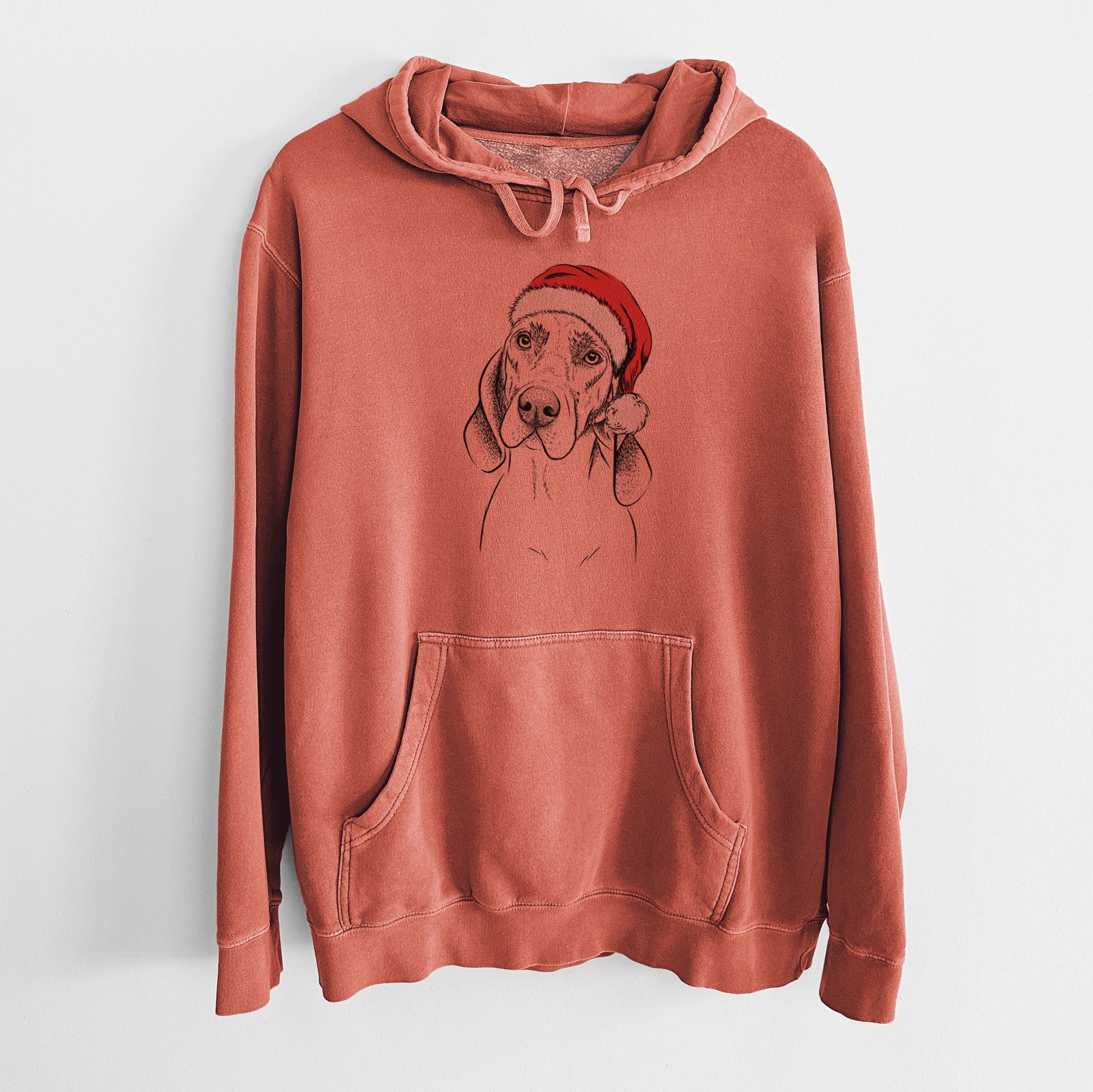 Hand-drawn sketch of Norman the Plott Hound wearing a Santa hat on an Amber Unisex pigment dyed hoodie