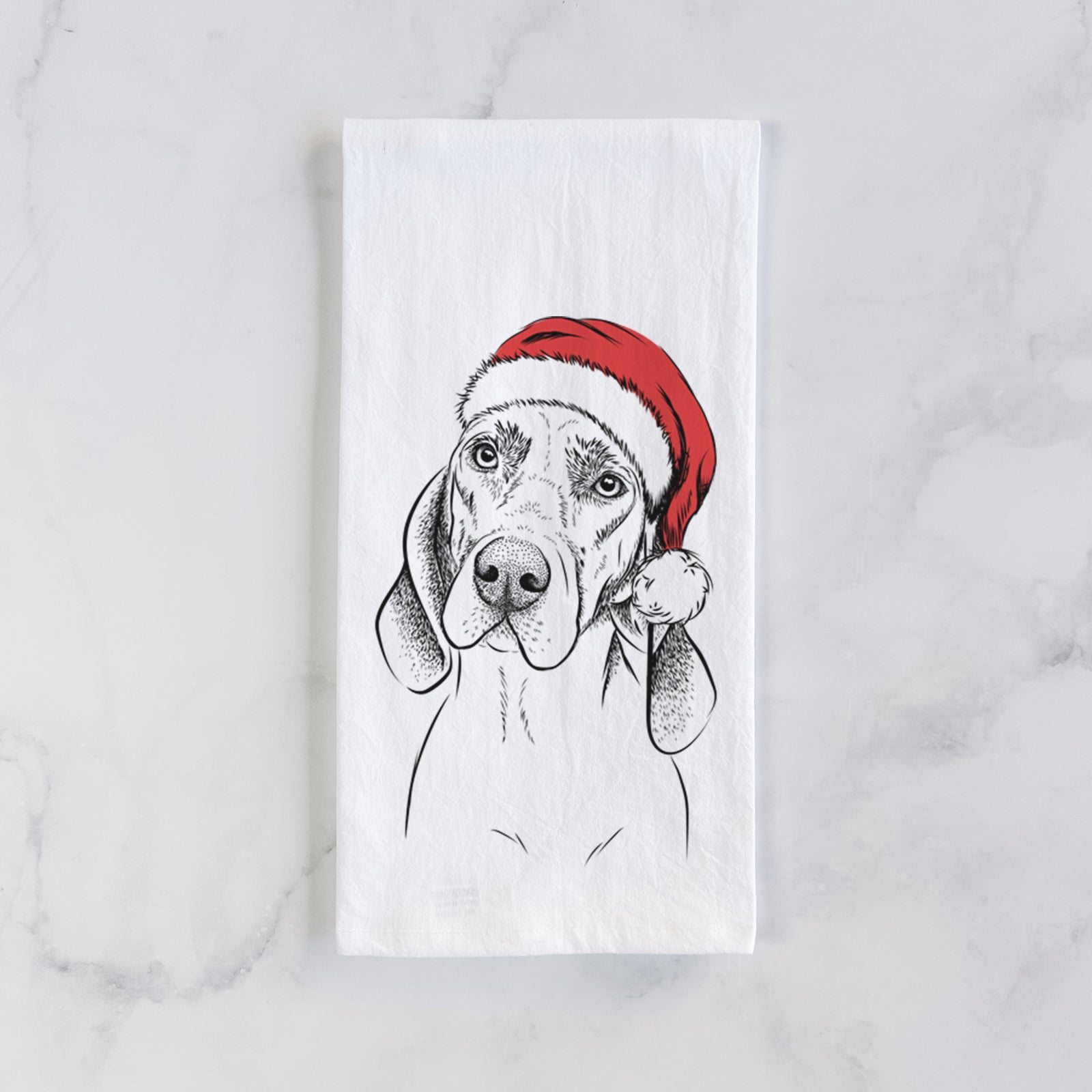 Hand-drawn sketch of Norman the Plott Hound wearing a Santa hat on a tea towel