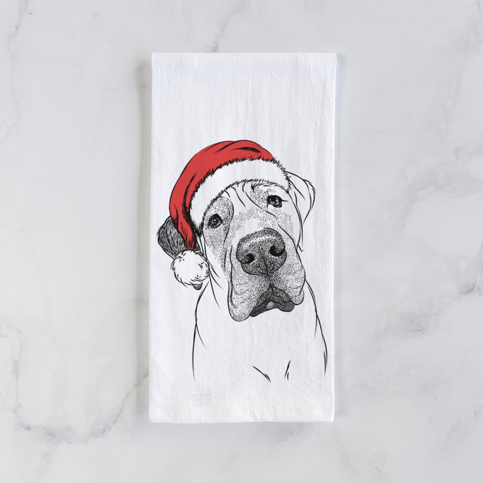 Hand-drawn sketch of Nutterbutter the English Mastiff wearing a Santa hat on a tea towel