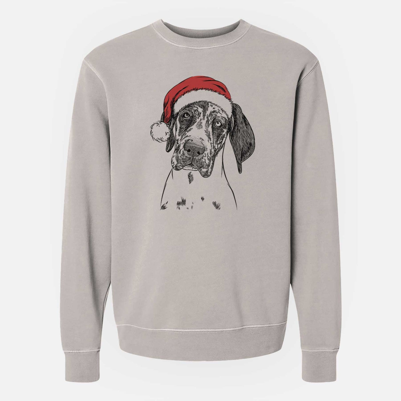 Hand-drawn sketch of Nyx the Great Dane wearing a Santa hat on a Cement Unisex pigment dyed crew sweatshirt