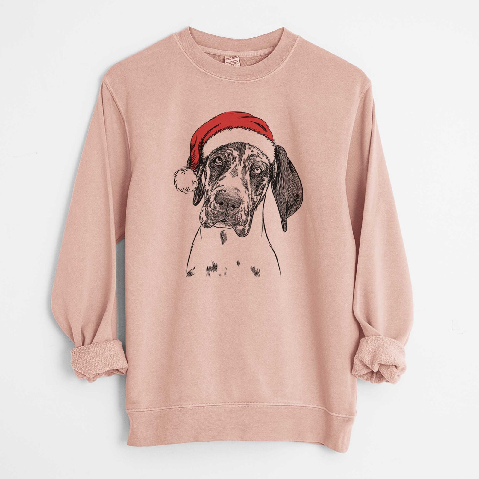 Hand-drawn sketch of Nyx the Great Dane wearing a Santa hat on a Dusty Pink Unisex pigment dyed crew sweatshirt