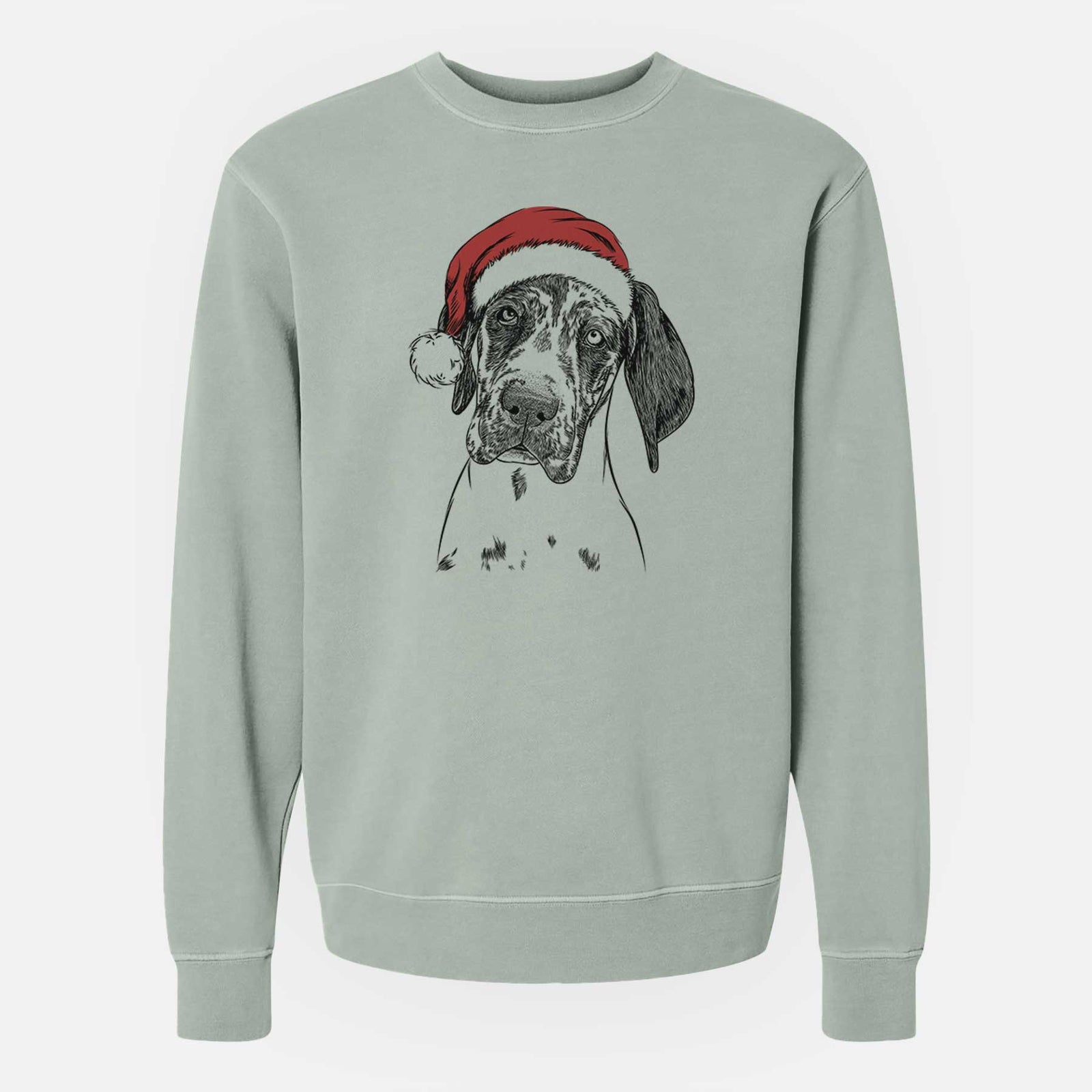 Hand-drawn sketch of Nyx the Great Dane wearing a Santa hat on a Sage Unisex pigment dyed crew sweatshirt