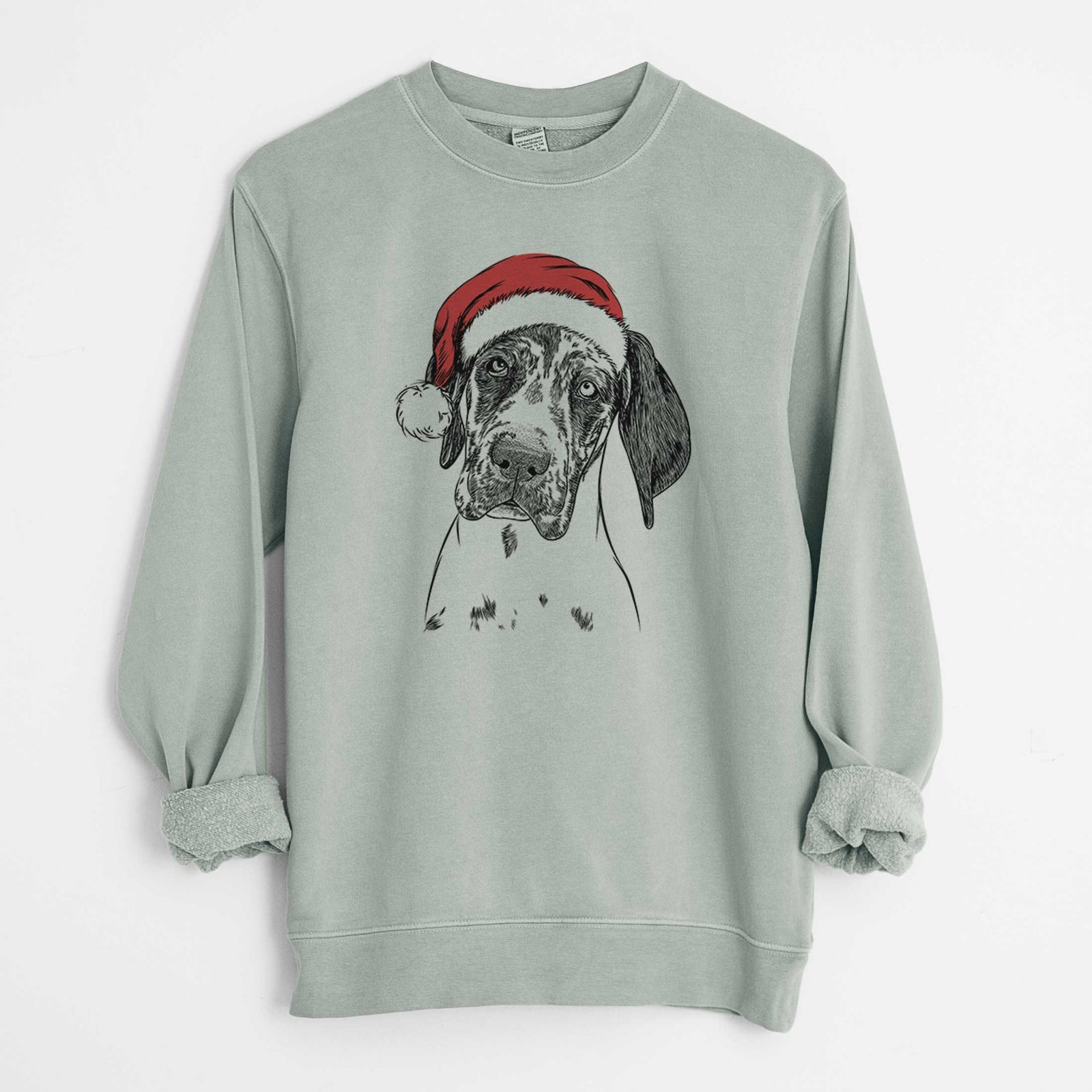 Hand-drawn sketch of Nyx the Great Dane wearing a Santa hat on a Sage Unisex pigment dyed crew sweatshirt