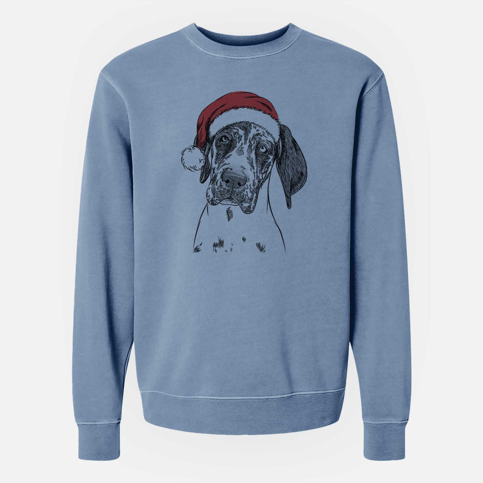 Hand-drawn sketch of Nyx the Great Dane wearing a Santa hat on a Slate Blue Unisex pigment dyed crew sweatshirt