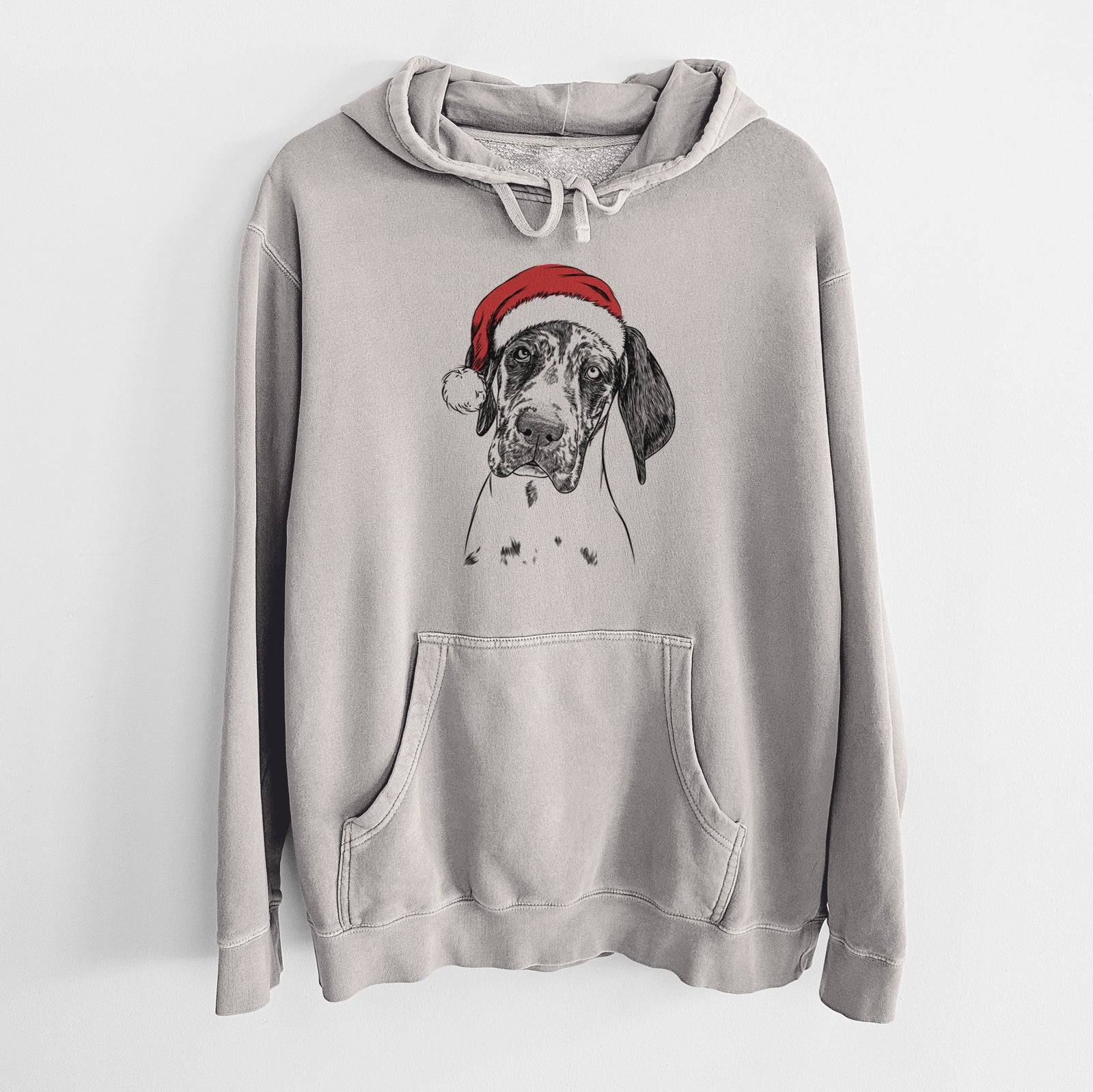 Hand-drawn sketch of Nyx the Great Dane wearing a Santa hat on a Cement Unisex pigment dyed hoodie