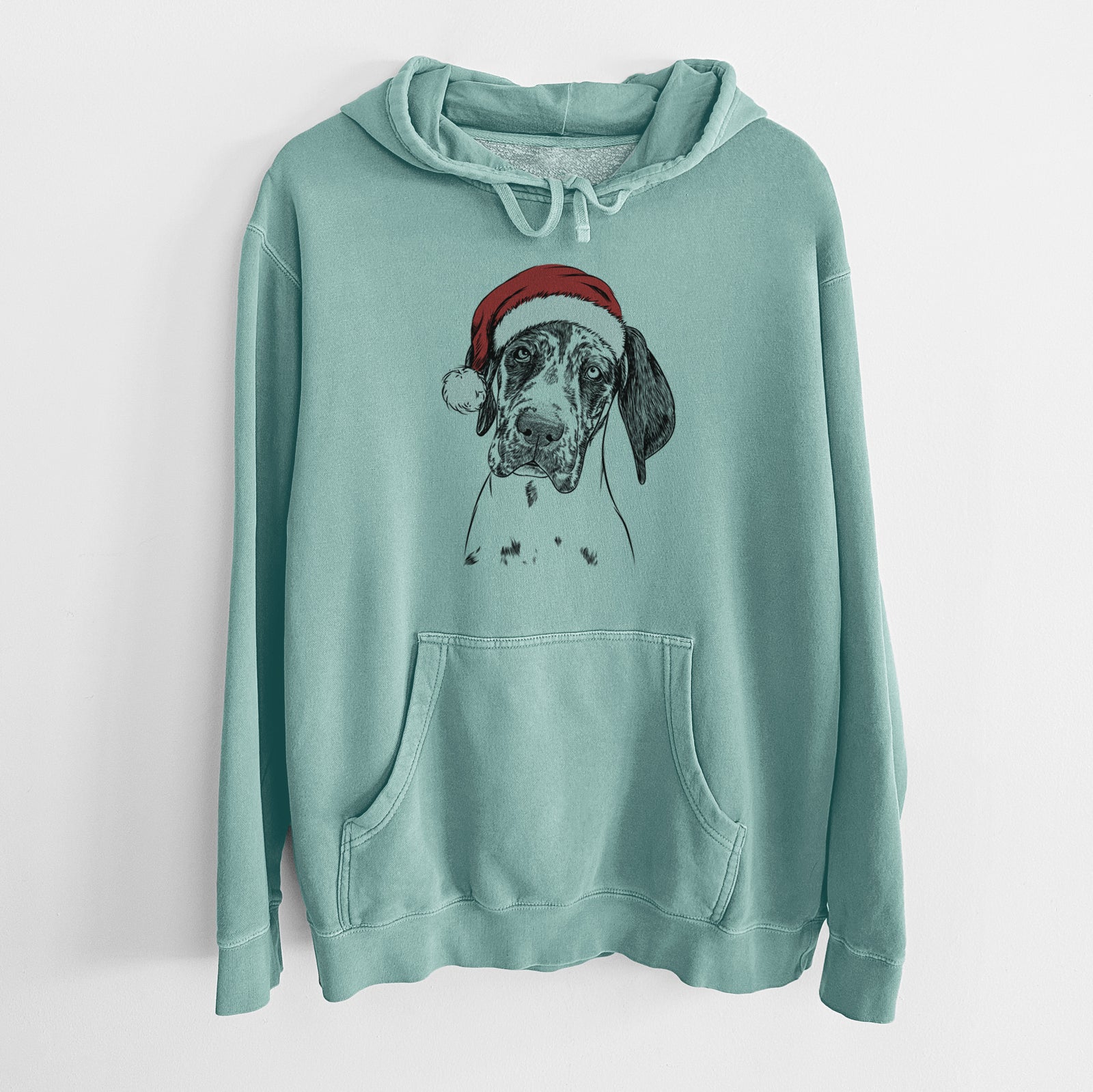Hand-drawn sketch of Nyx the Great Dane wearing a Santa hat on a Mint Unisex pigment dyed hoodie
