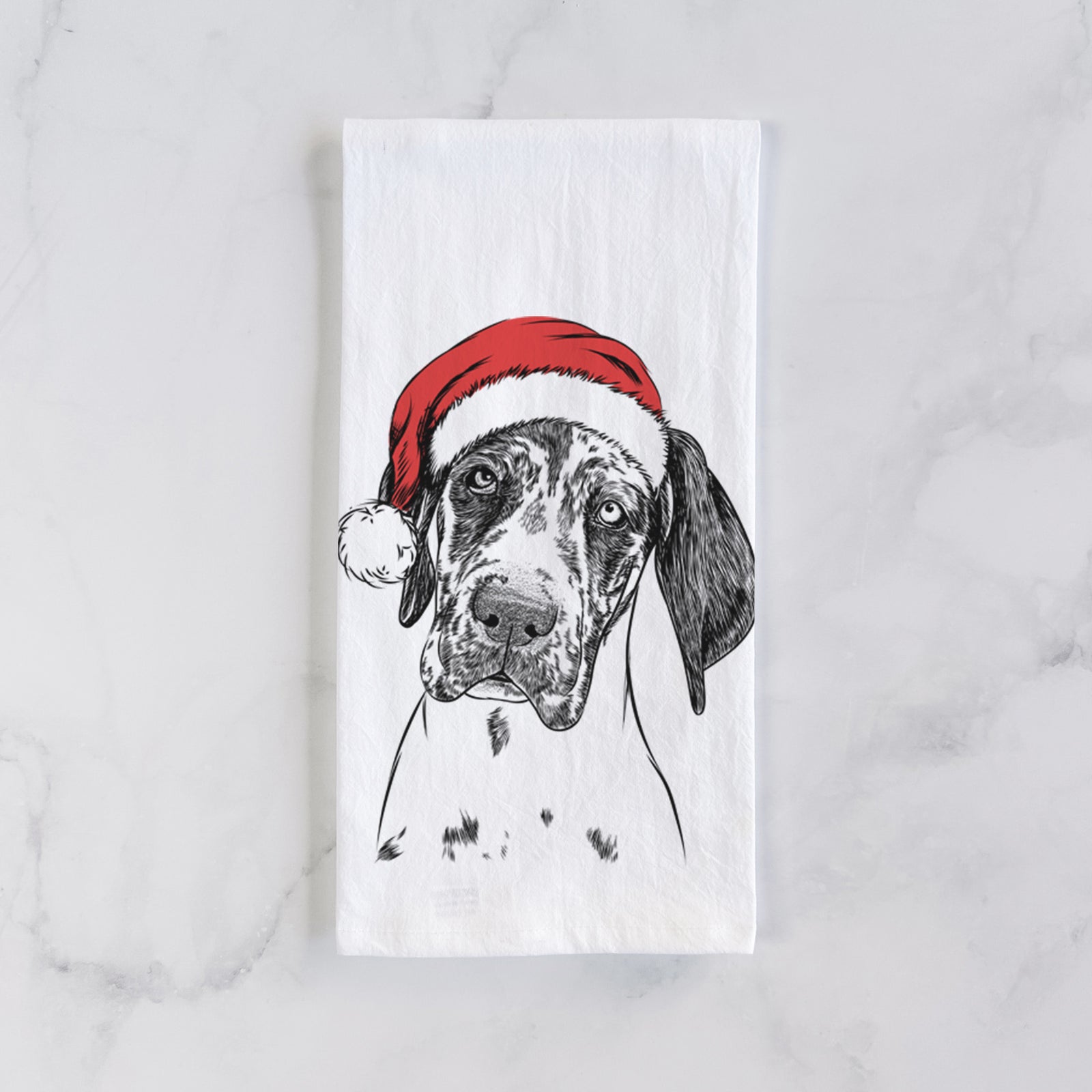 Hand-drawn sketch of Nyx the Great Dane wearing a Santa hat on a tea towel