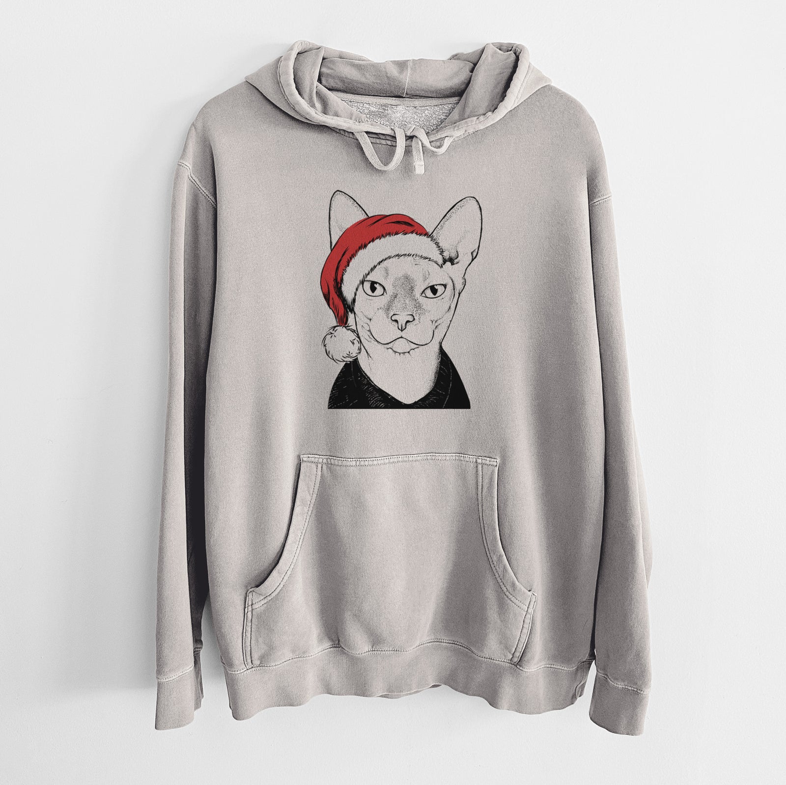 Hand-drawn sketch of Oliver Watson the Sphynx Cat wearing a Santa hat on a Cement Unisex pigment dyed hoodie