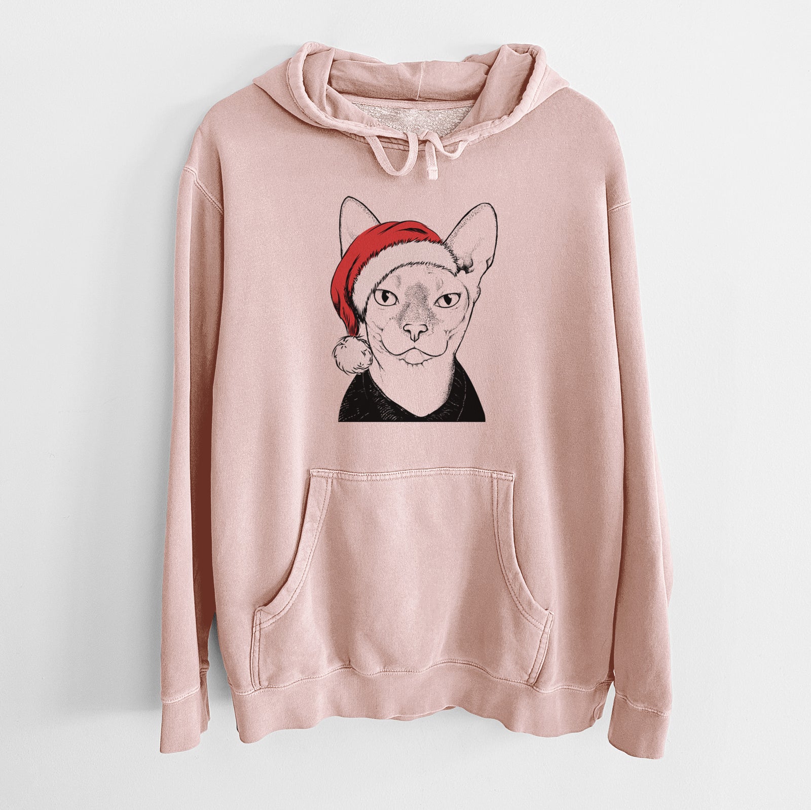 Hand-drawn sketch of Oliver Watson the Sphynx Cat wearing a Santa hat on a Dusty Pink Unisex pigment dyed hoodie