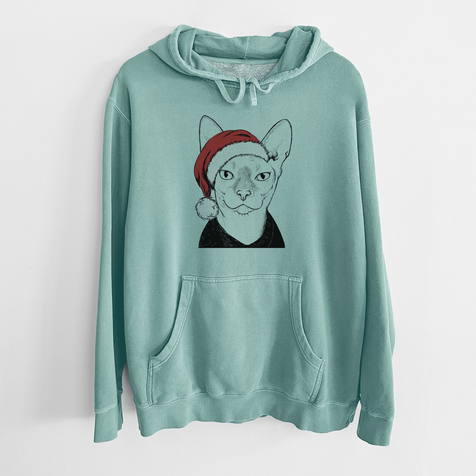 Hand-drawn sketch of Oliver Watson the Sphynx Cat wearing a Santa hat on a Mint Unisex pigment dyed hoodie