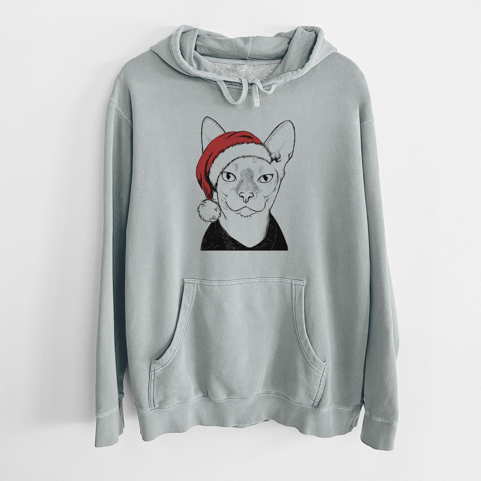 Hand-drawn sketch of Oliver Watson the Sphynx Cat wearing a Santa hat on a Sage Unisex pigment dyed hoodie
