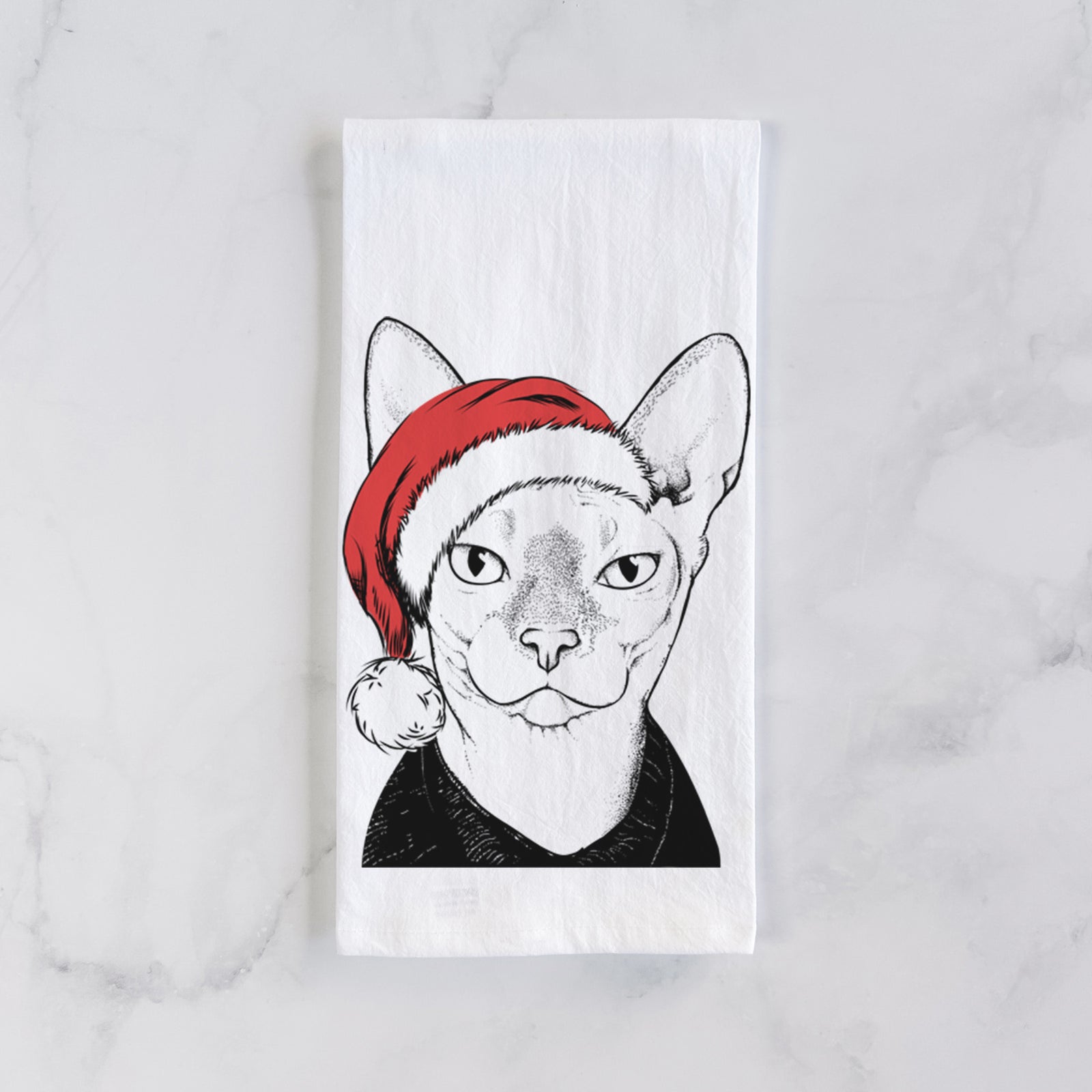 Hand-drawn sketch of Oliver Watson the Sphynx Cat wearing a Santa hat on a tea towel