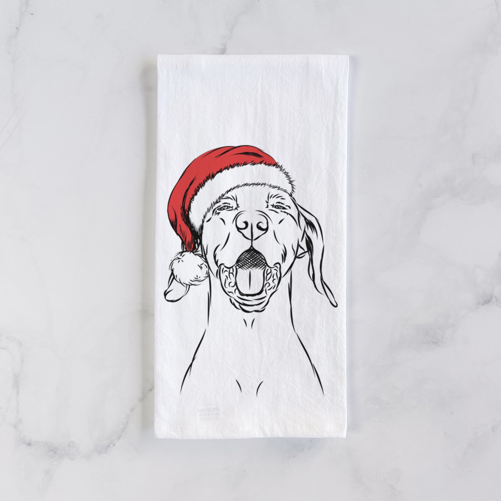 Hand-drawn sketch of Ollie the Vizsla wearing a Santa hat on a tea towel