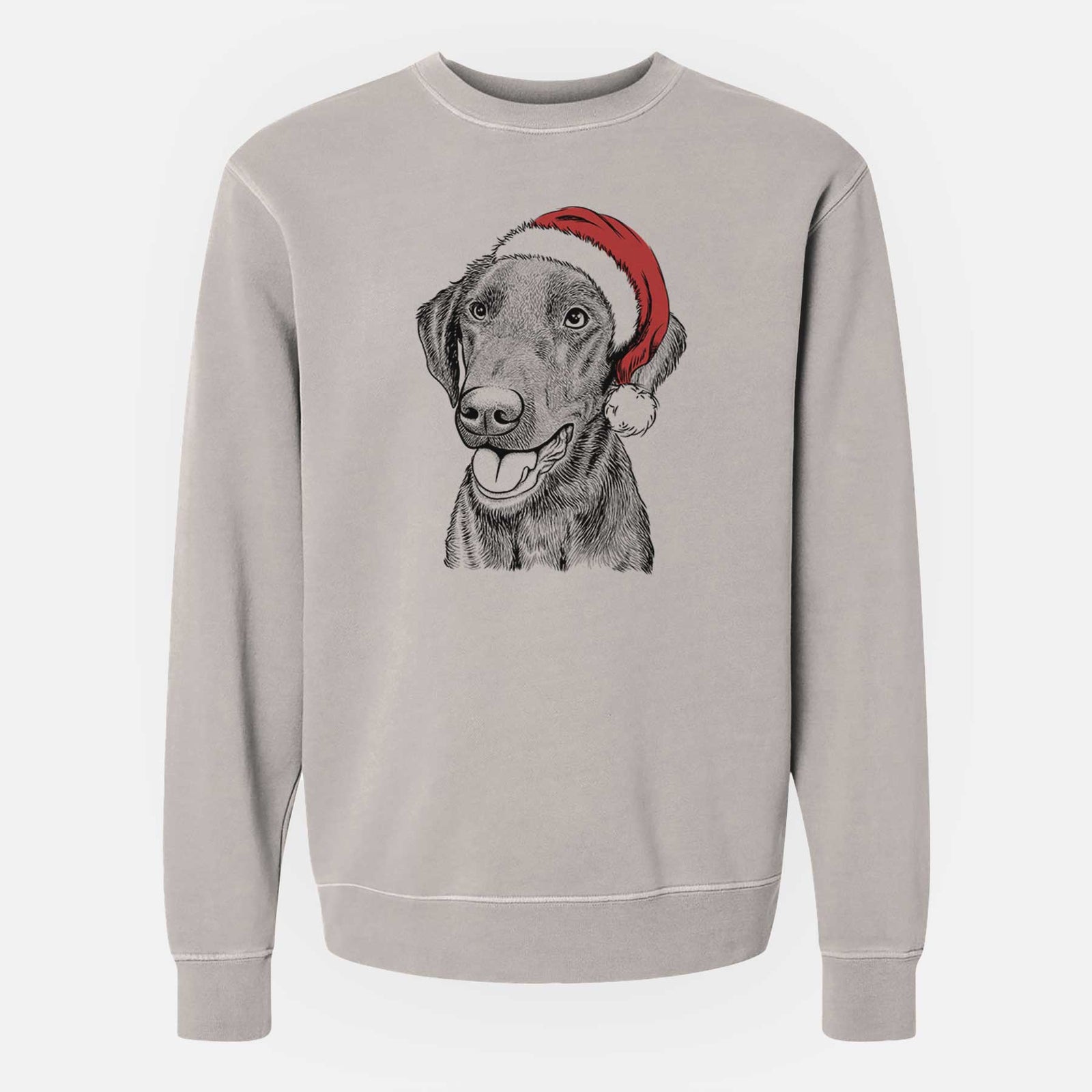 Hand-drawn sketch of Onyx the Labrador Retriever wearing a Santa hat on a Cement Unisex pigment dyed crew sweatshirt