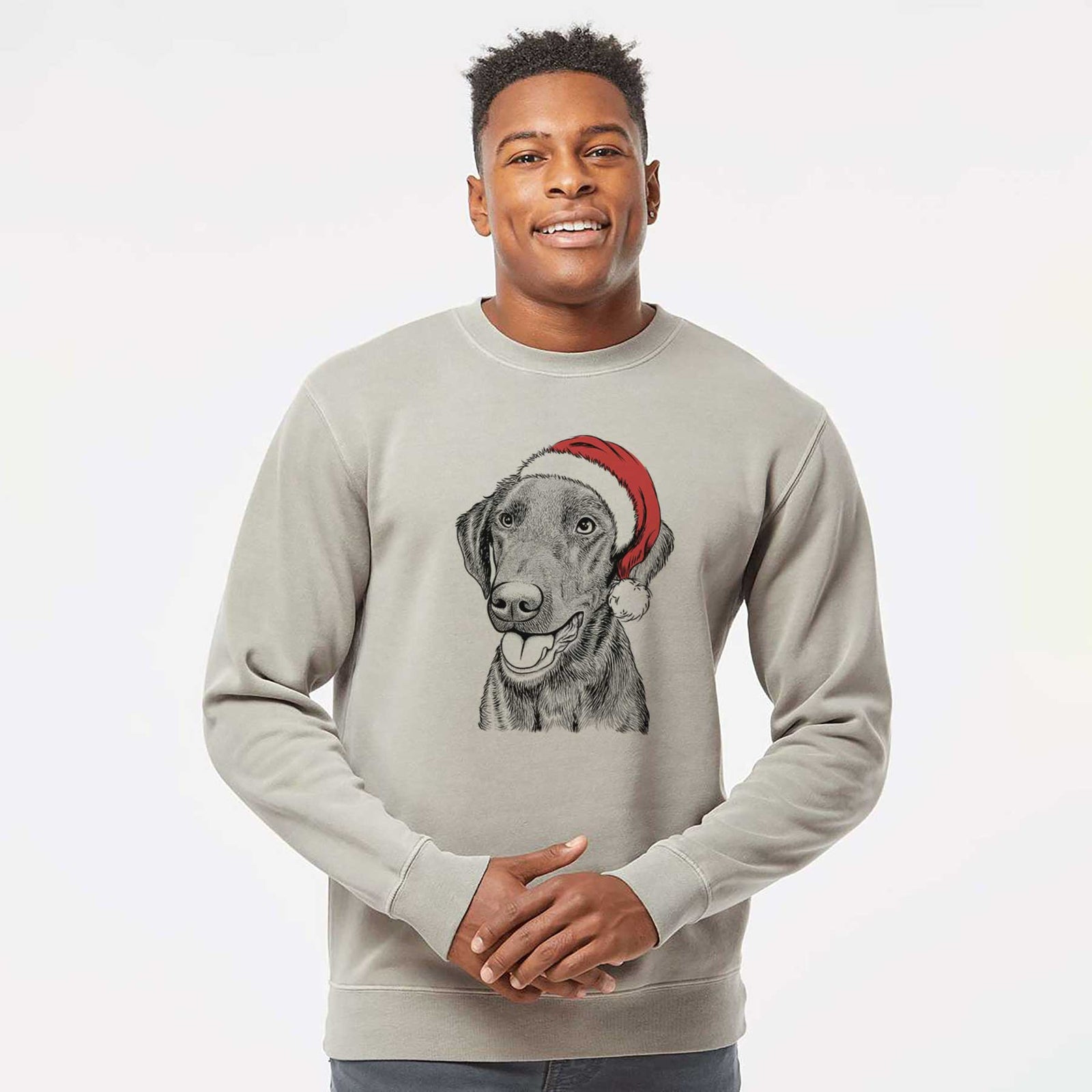 Hand-drawn sketch of Onyx the Labrador Retriever wearing a Santa hat on a Cement Unisex pigment dyed crew sweatshirt