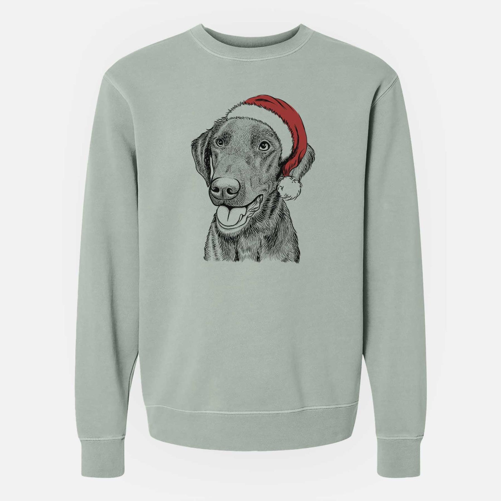 Hand-drawn sketch of Onyx the Labrador Retriever wearing a Santa hat on a Sage Unisex pigment dyed crew sweatshirt