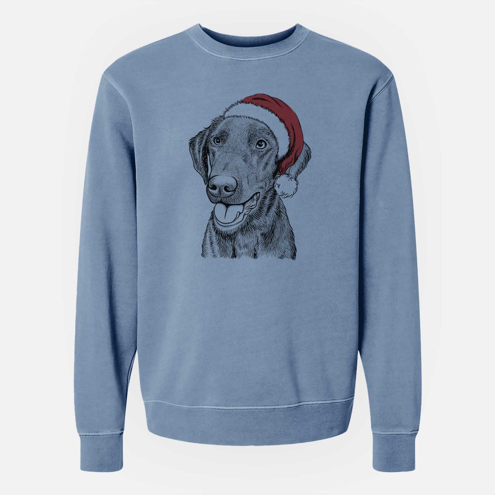 Hand-drawn sketch of Onyx the Labrador Retriever wearing a Santa hat on a Slate Blue Unisex pigment dyed crew sweatshirt