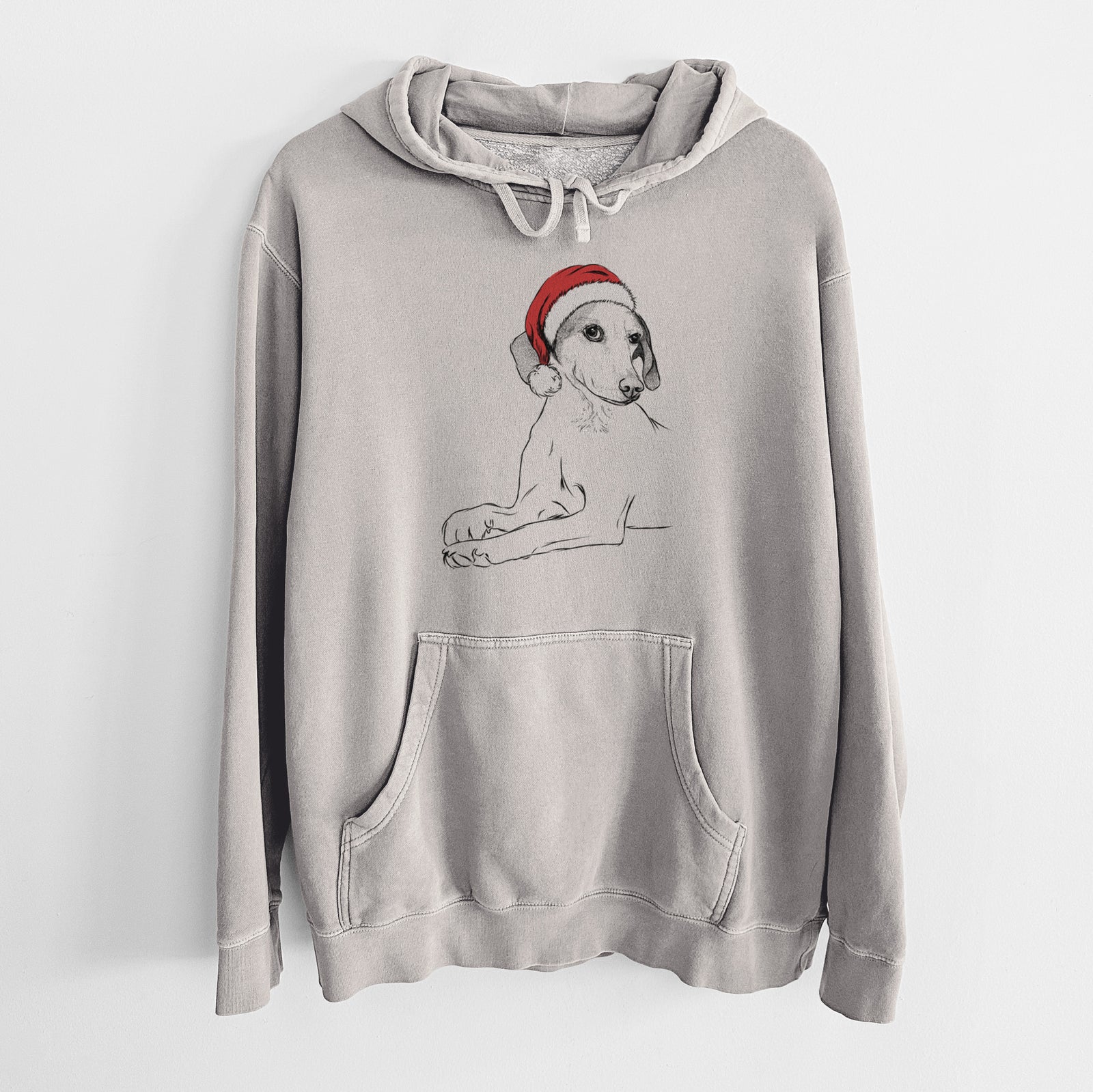 Hand-drawn sketch of Opie the Foxhound wearing a Santa hat on a Cement Unisex pigment dyed hoodie