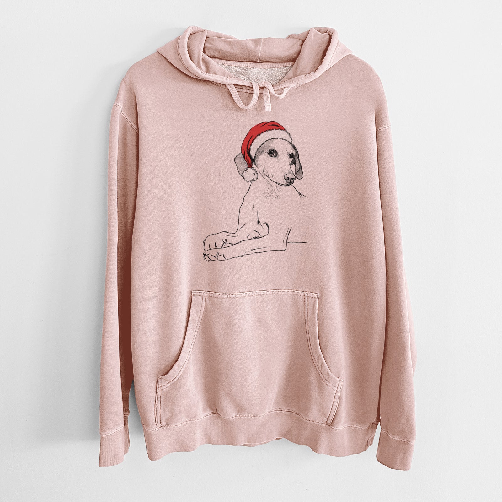 Hand-drawn sketch of Opie the Foxhound wearing a Santa hat on a Dusty Pink Unisex pigment dyed hoodie