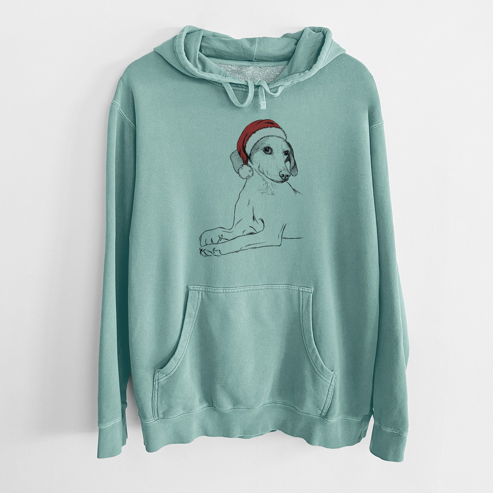 Hand-drawn sketch of Opie the Foxhound wearing a Santa hat on a Mint Unisex pigment dyed hoodie