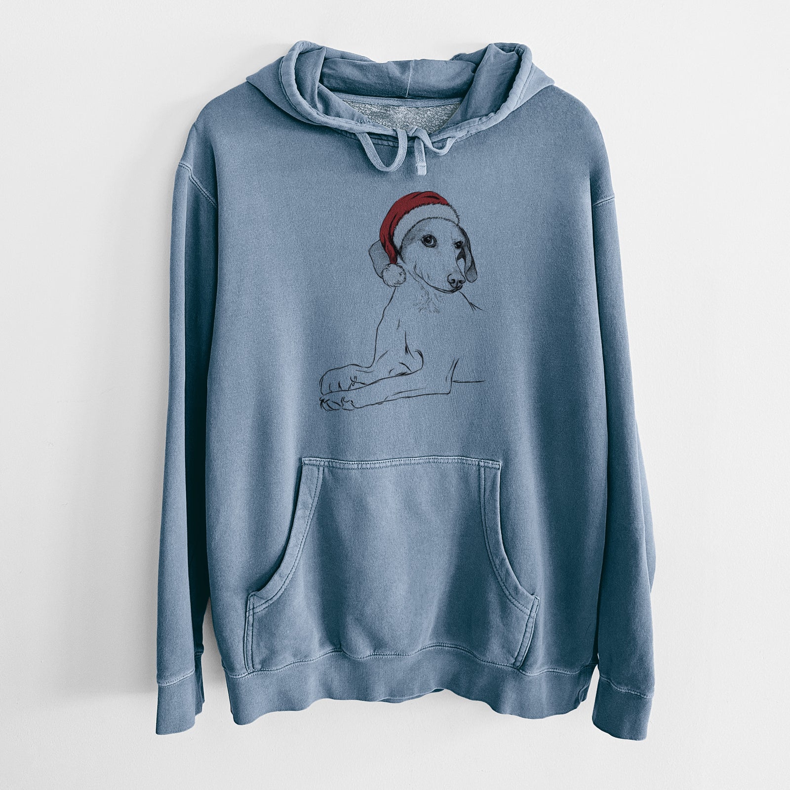 Hand-drawn sketch of Opie the Foxhound wearing a Santa hat on a Slate Blue Unisex pigment dyed hoodie