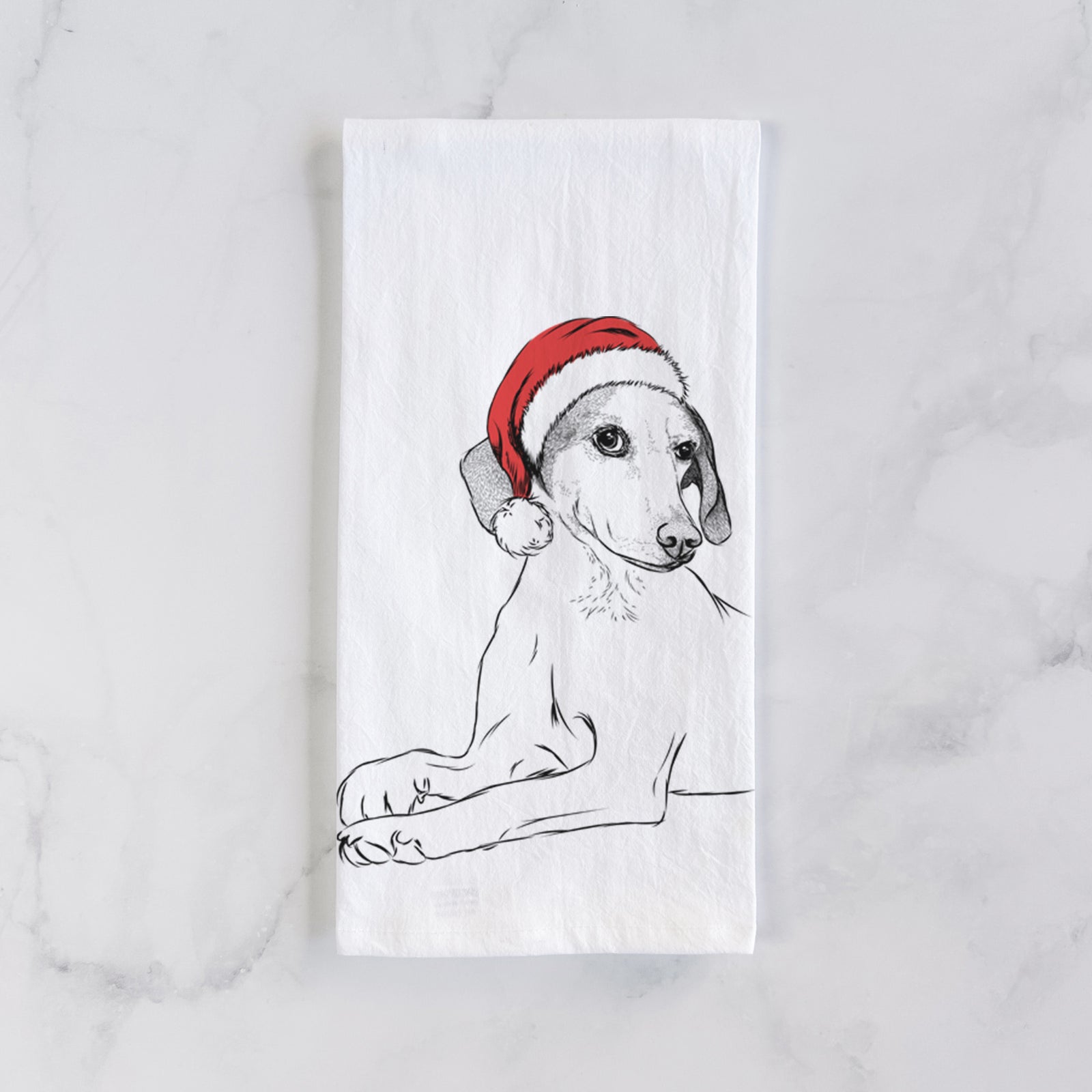 Hand-drawn sketch of Opie the Foxhound wearing a Santa hat on a tea towel