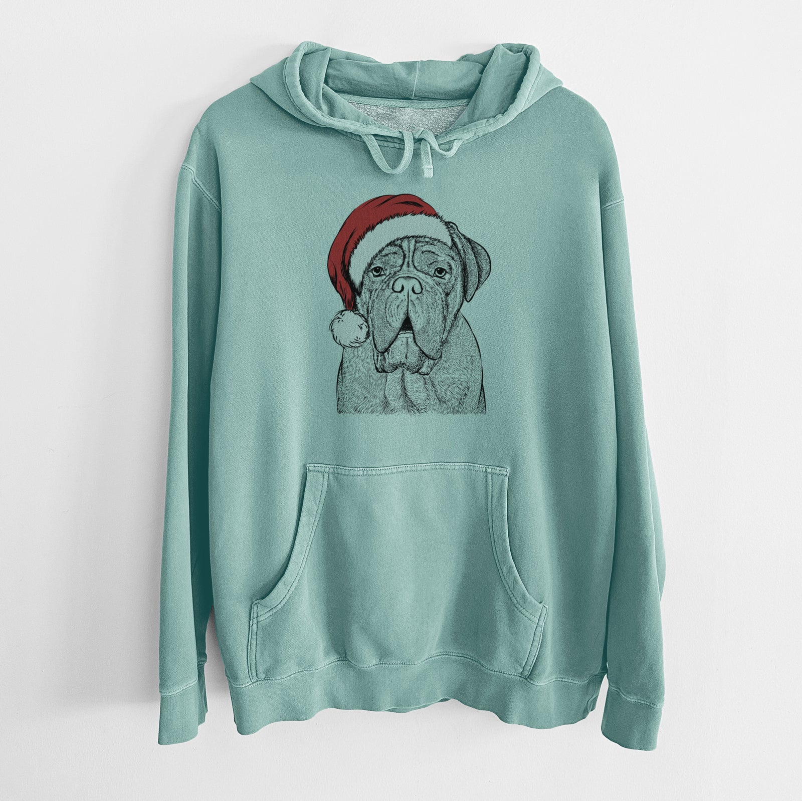 Hand-drawn sketch of Optimus the Dogue de Bordeaux wearing a Santa hat on a Mint Unisex pigment dyed hoodie