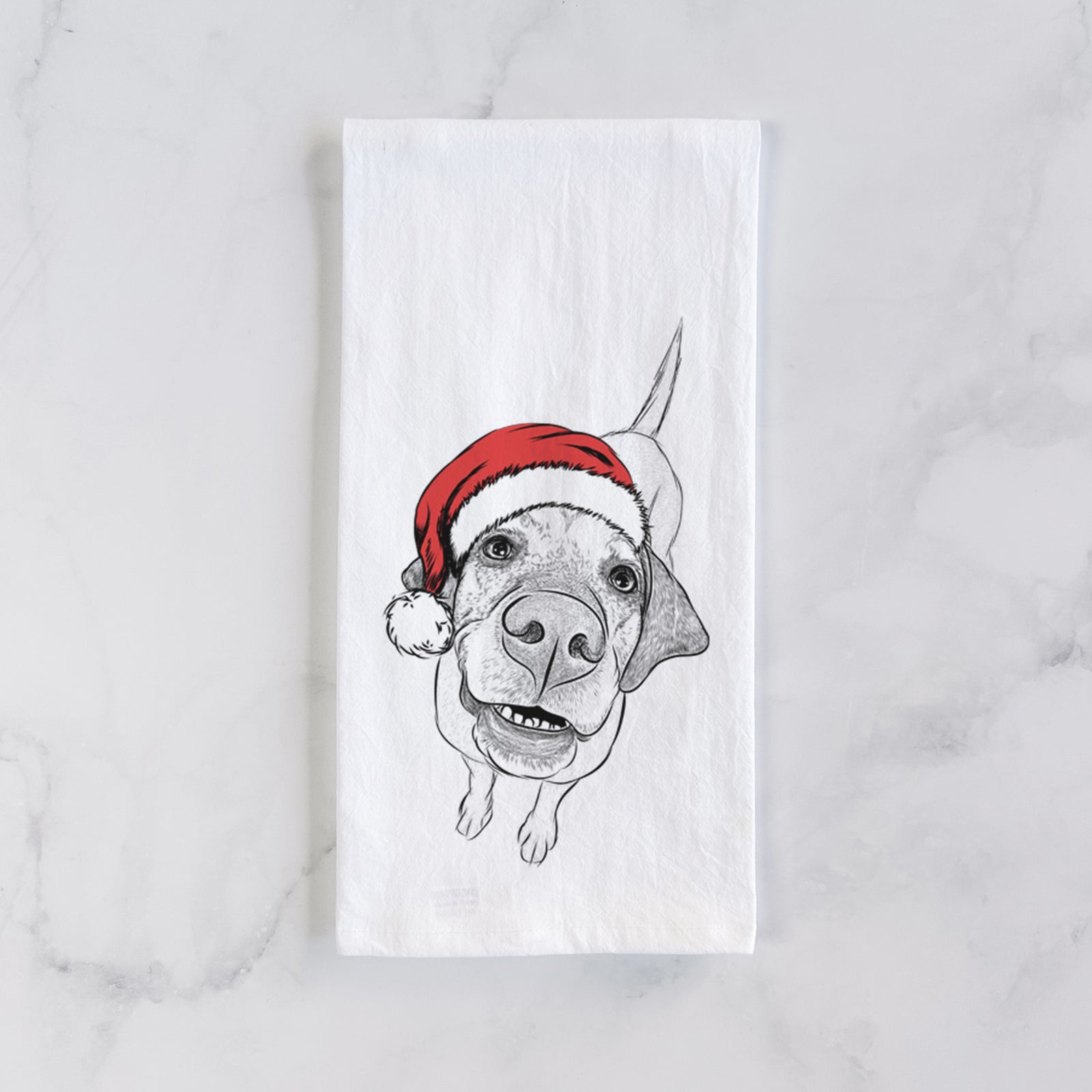 Hand-drawn sketch of Oquirrh the Vizsla wearing a Santa hat on a tea towel
