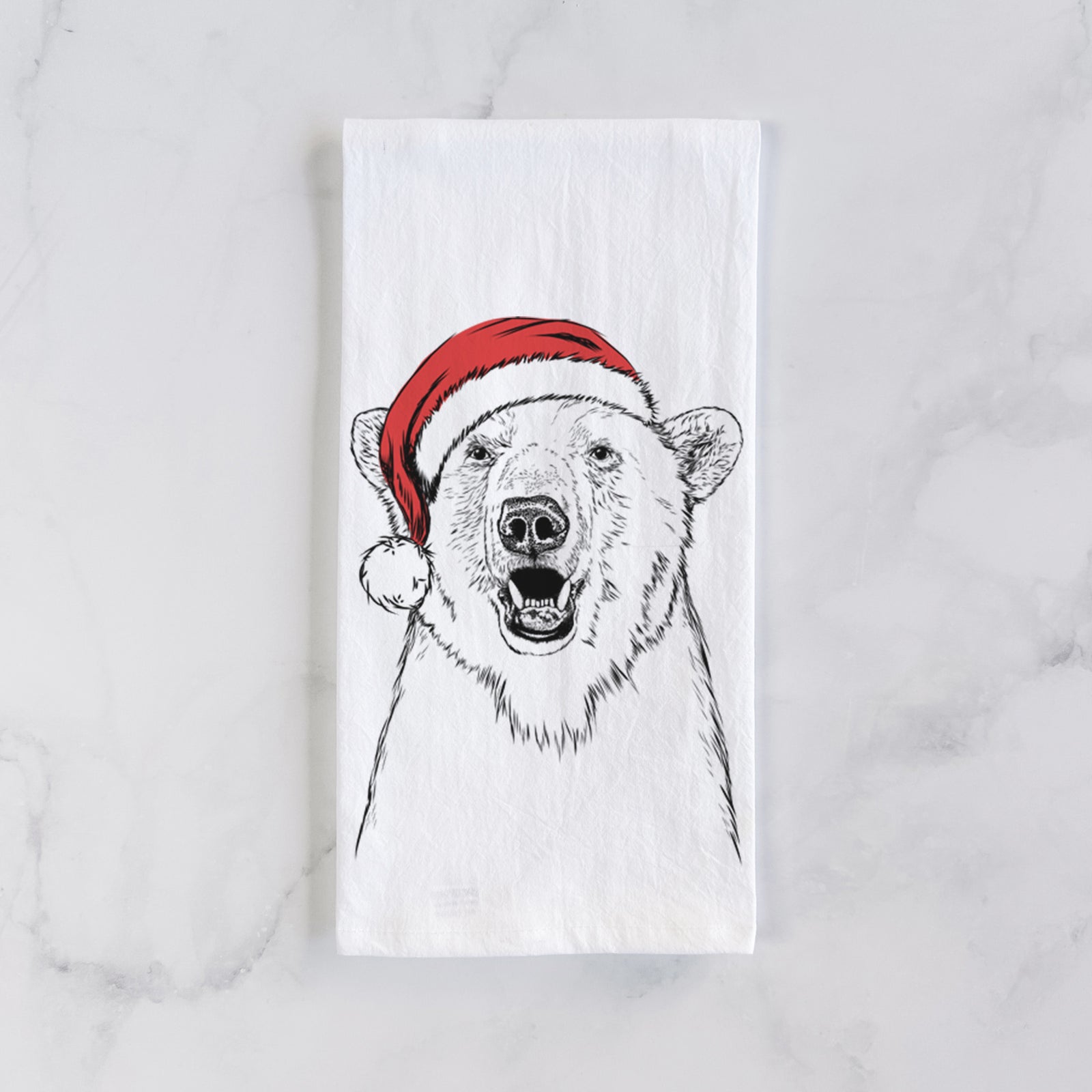 Hand-drawn sketch of Oslo the Polar Bear wearing a Santa hat on a tea towel