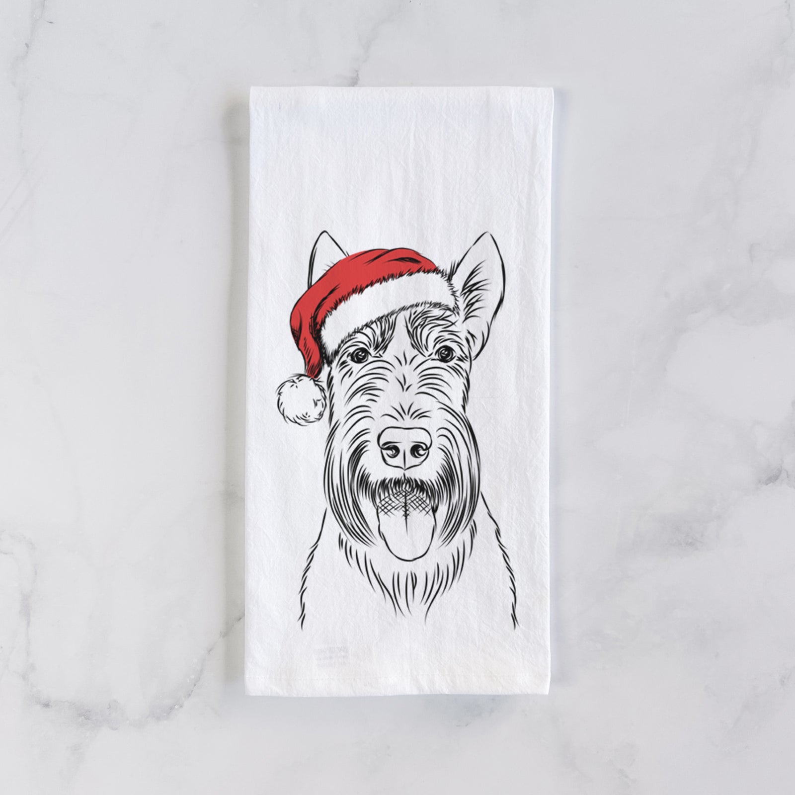 Hand-drawn sketch of Oswald the Scottish Terrier wearing a Santa hat on a tea towel