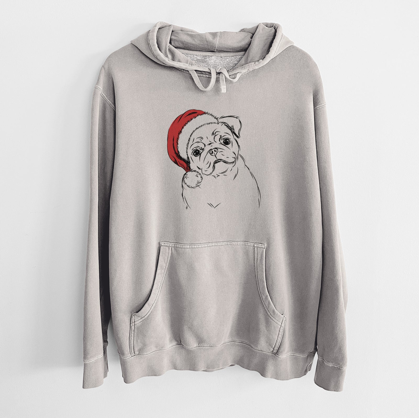 Hand-drawn sketch of Otis the Pug wearing a Santa hat on a Cement Unisex pigment dyed hoodie