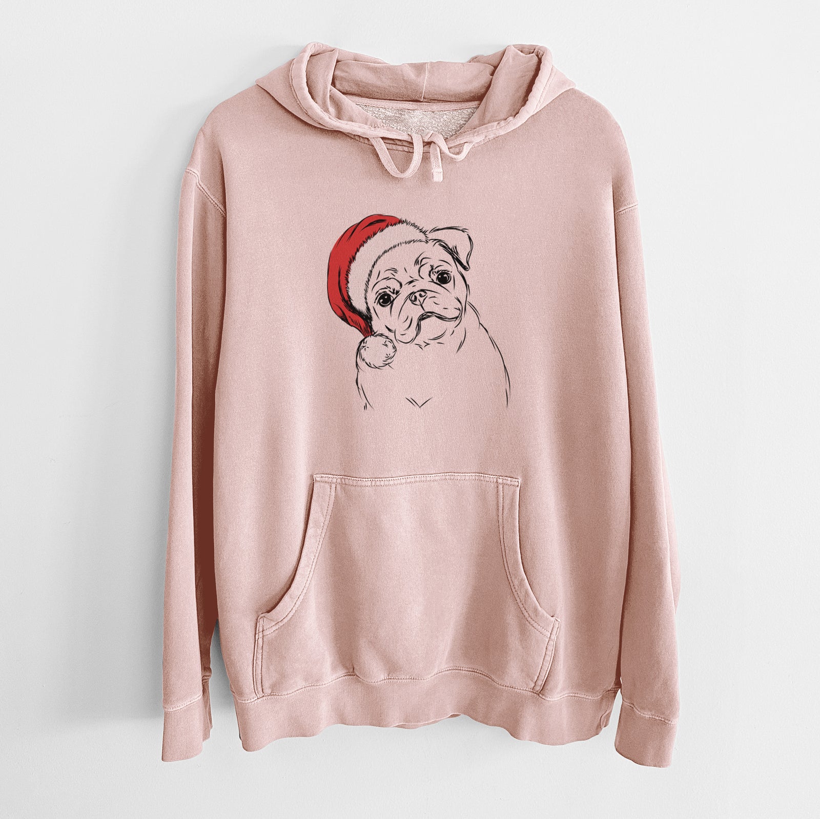 Hand-drawn sketch of Otis the Pug wearing a Santa hat on a Dusty Pink Unisex pigment dyed hoodie