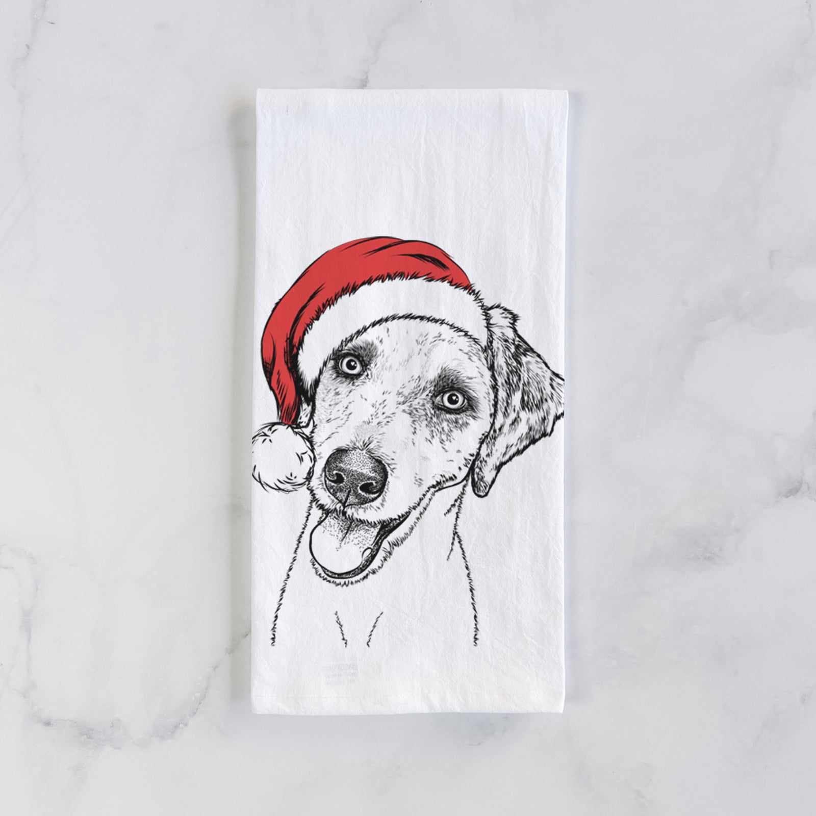 Hand-drawn sketch of Palm Palm the Aussiedoodle wearing a Santa hat on a tea towel