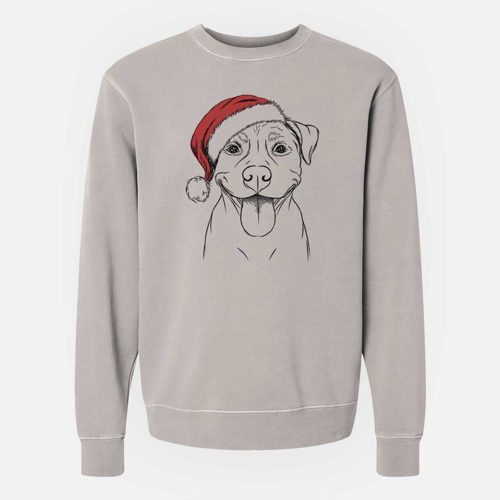 Hand-drawn sketch of Parker the Pitbull wearing a Santa hat on a Cement Unisex pigment dyed crew sweatshirt