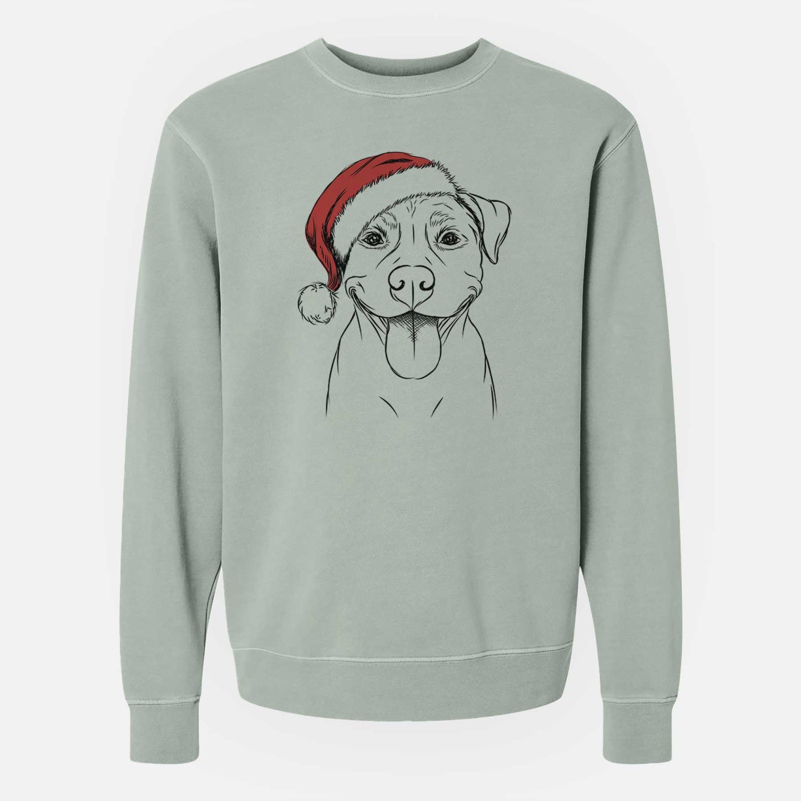 Hand-drawn sketch of Parker the Pitbull wearing a Santa hat on a Sage Unisex pigment dyed crew sweatshirt