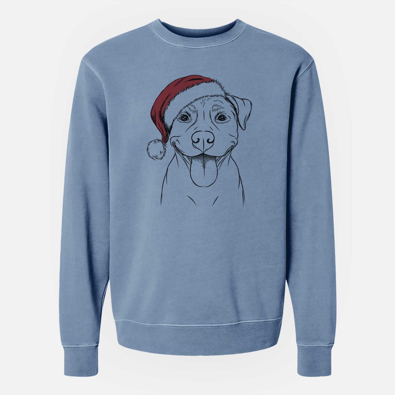 Hand-drawn sketch of Parker the Pitbull wearing a Santa hat on a Slate Blue Unisex pigment dyed crew sweatshirt