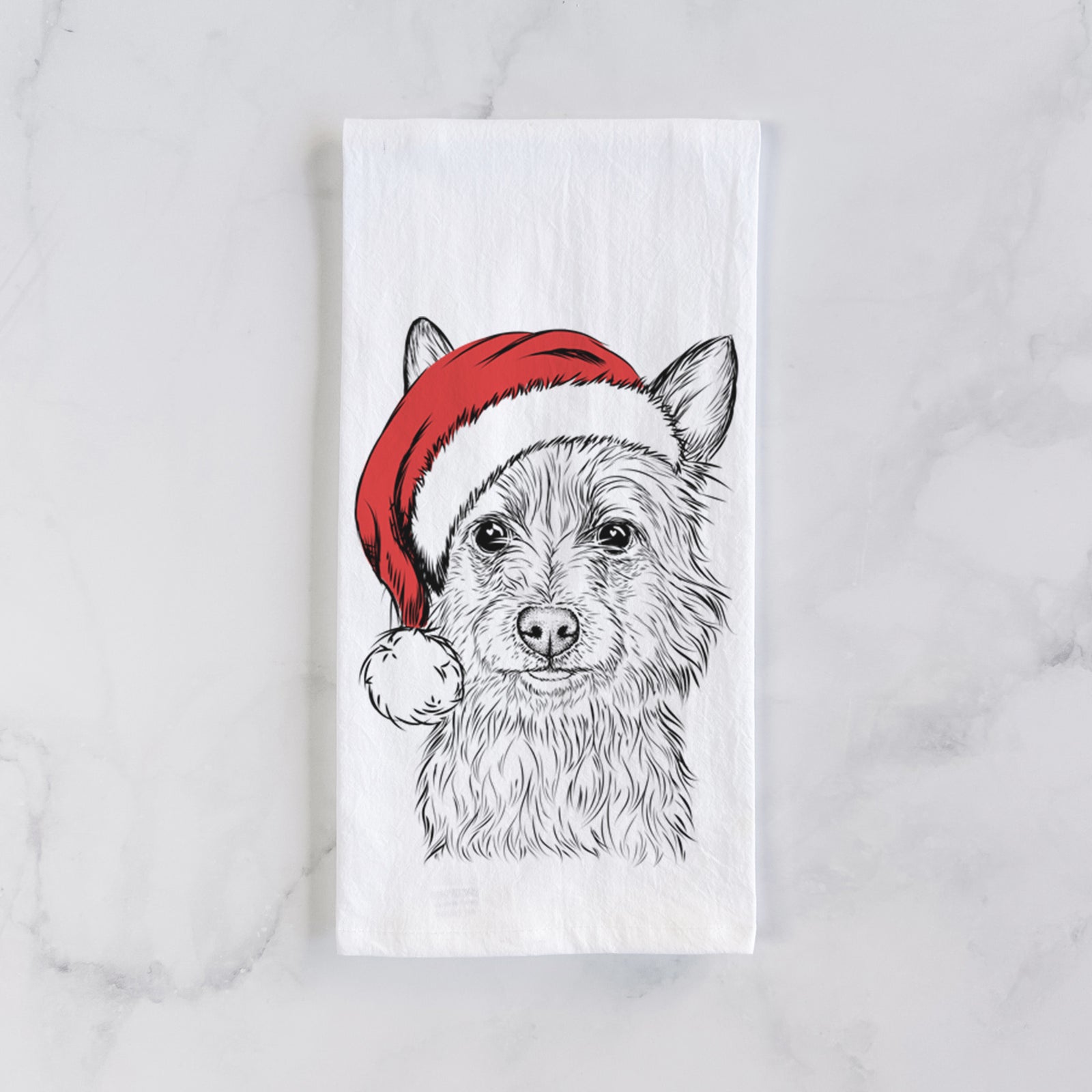 Hand-drawn sketch of Paulo the Portuguese Podengo wearing a Santa hat on a tea towel