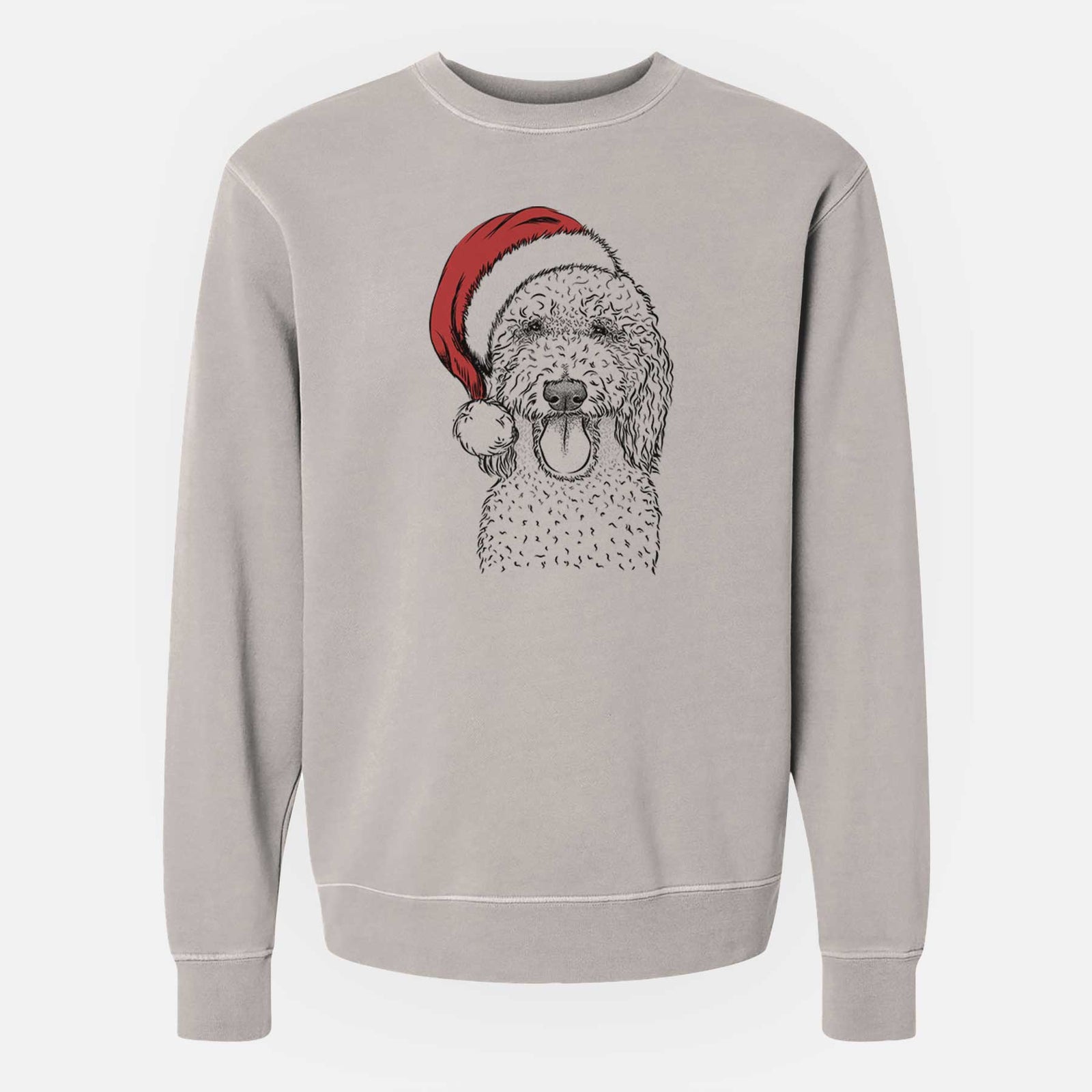 Hand-drawn sketch of Pavlov the Goldendoodle wearing a Santa hat on a Cement Unisex pigment dyed crew sweatshirt