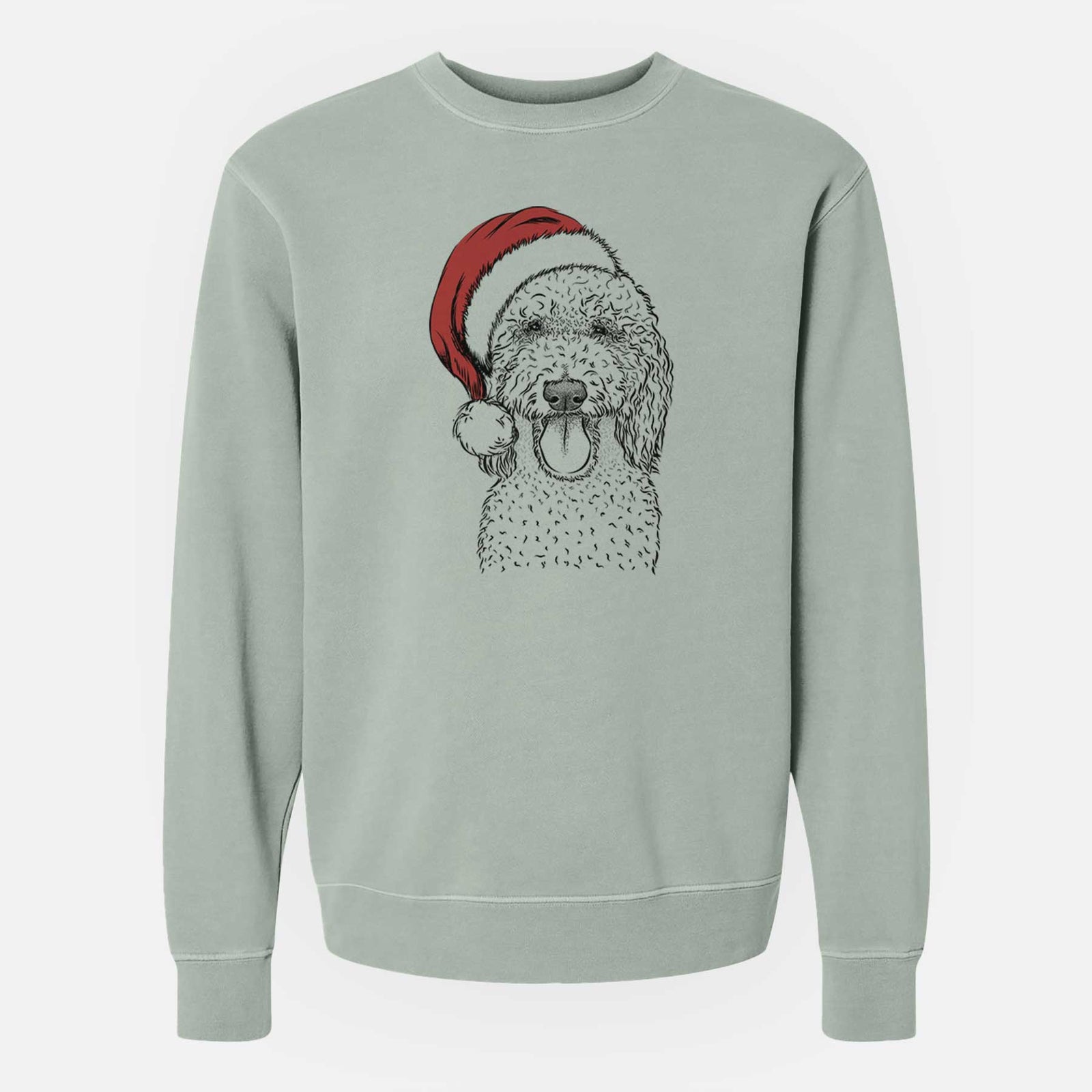 Hand-drawn sketch of Pavlov the Goldendoodle wearing a Santa hat on a Sage Unisex pigment dyed crew sweatshirt