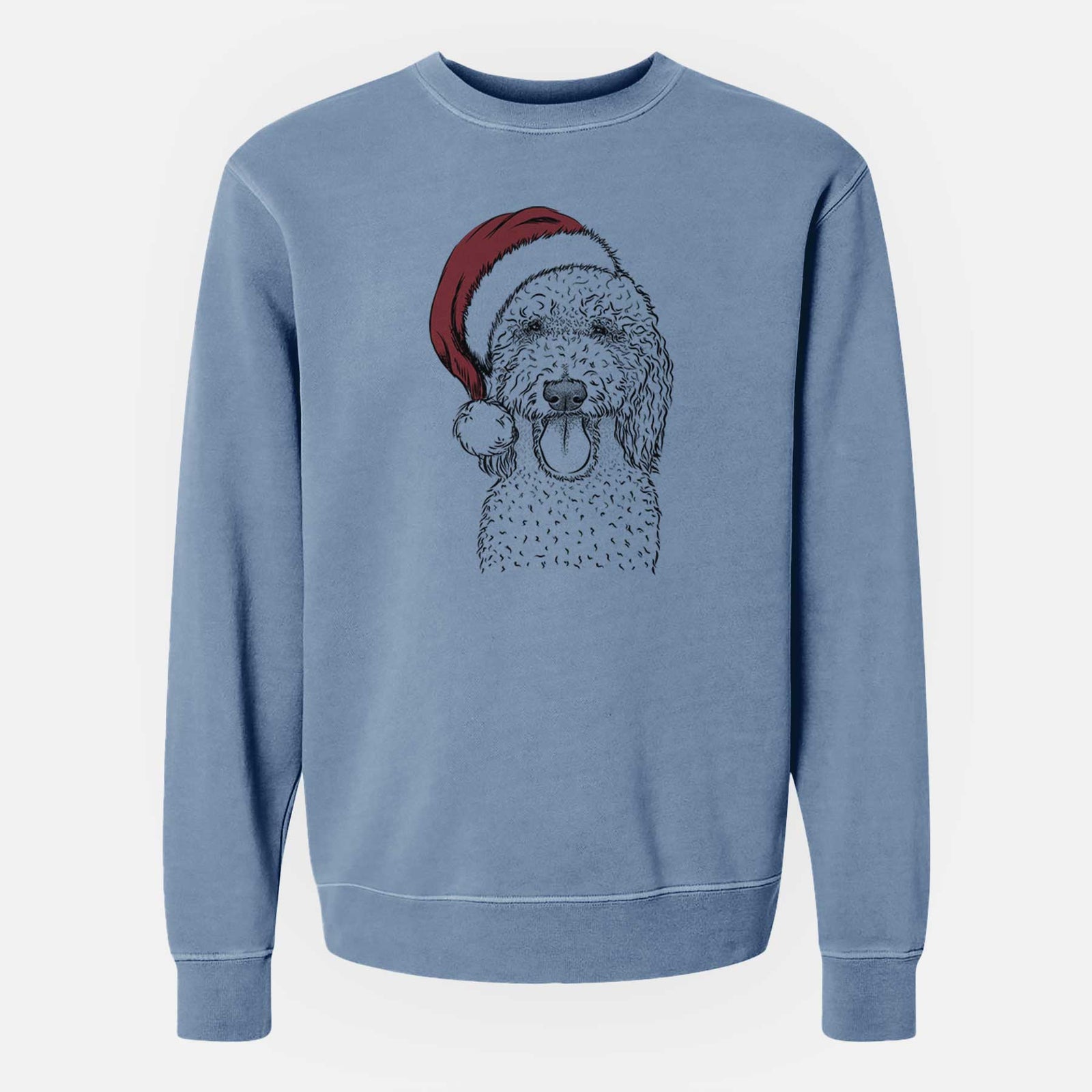 Hand-drawn sketch of Pavlov the Goldendoodle wearing a Santa hat on a Slate Blue Unisex pigment dyed crew sweatshirt