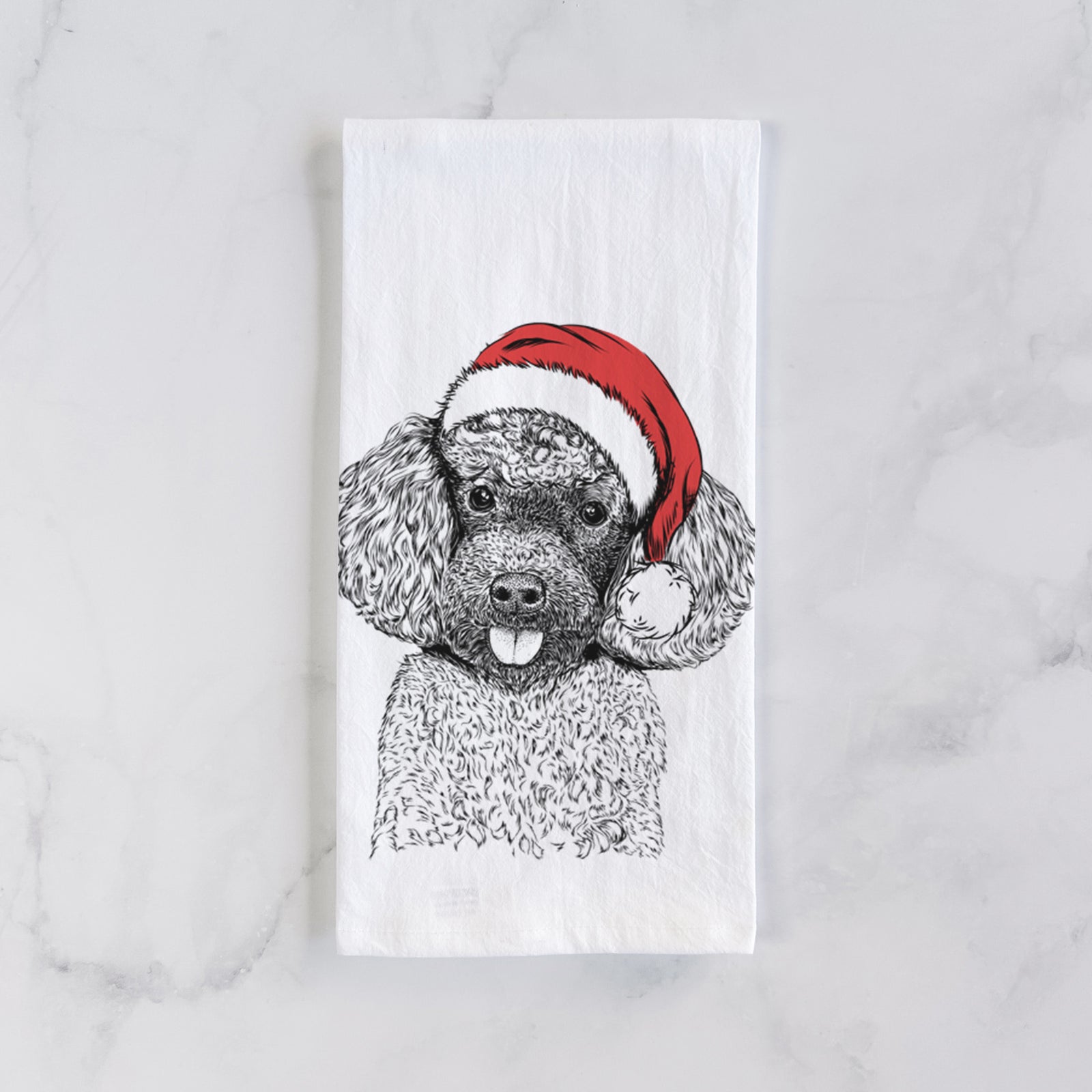 Hand-drawn sketch of George the Toy Poodle wearing a Santa hat on a tea towel