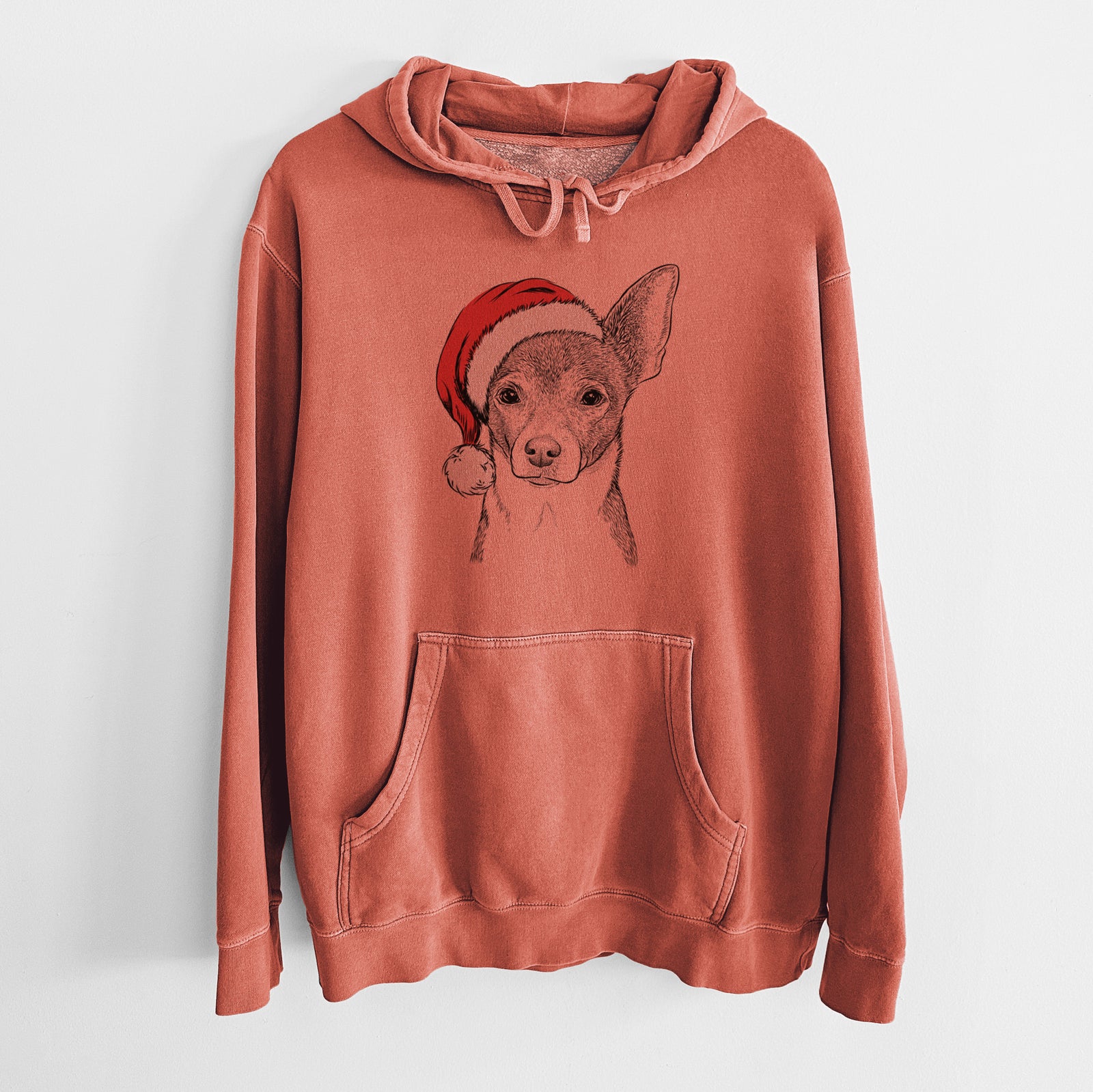 Hand-drawn sketch of Peanut the Chihuahua wearing a Santa hat on an Amber Unisex pigment dyed hoodie