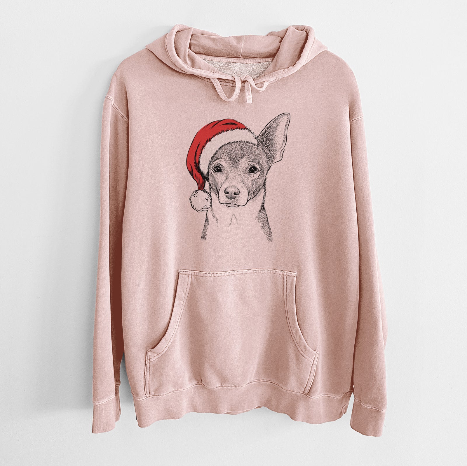 Hand-drawn sketch of Peanut the Chihuahua wearing a Santa hat on a Dusty Pink Unisex pigment dyed hoodie
