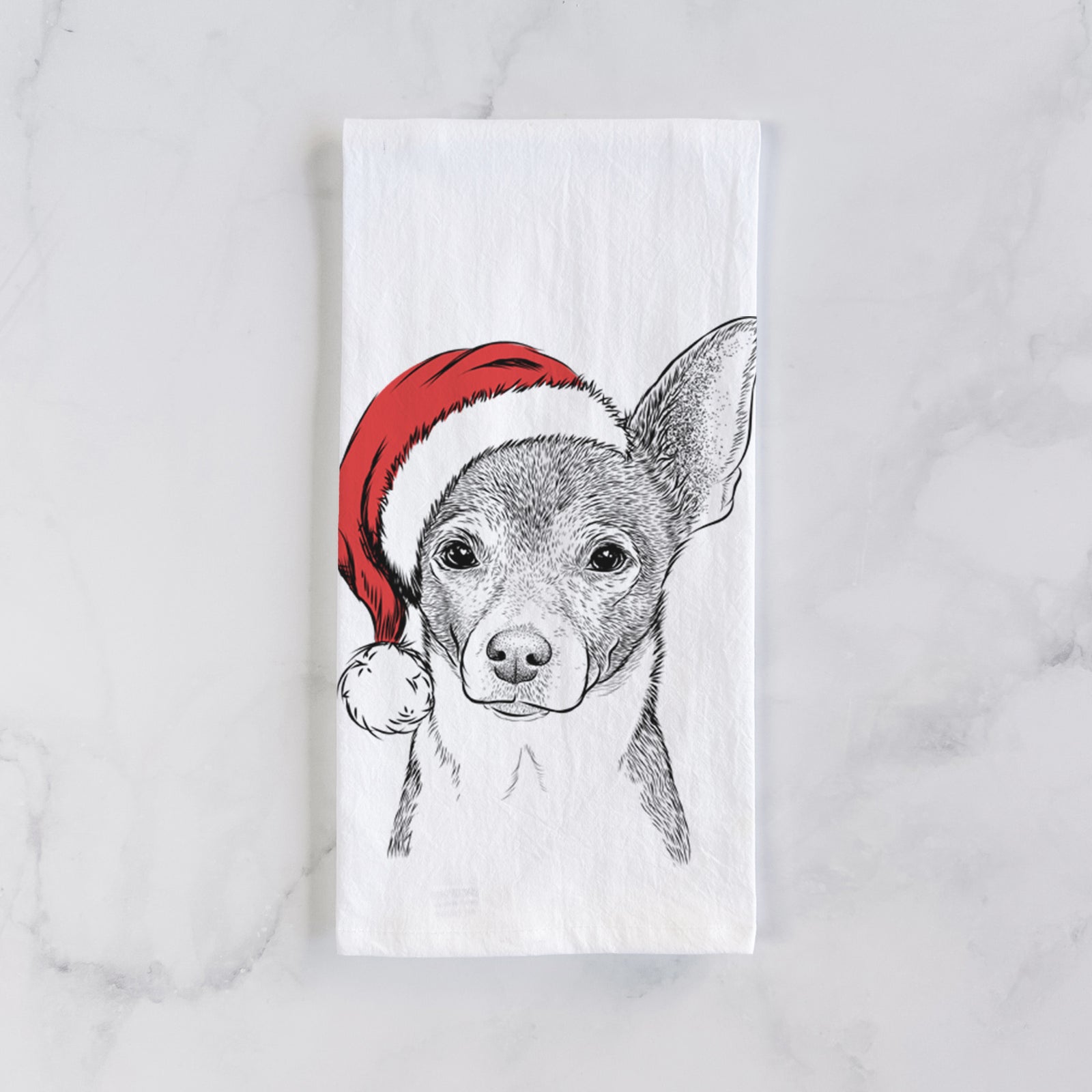 Hand-drawn sketch of Peanut the Chihuahua wearing a Santa hat on a tea towel