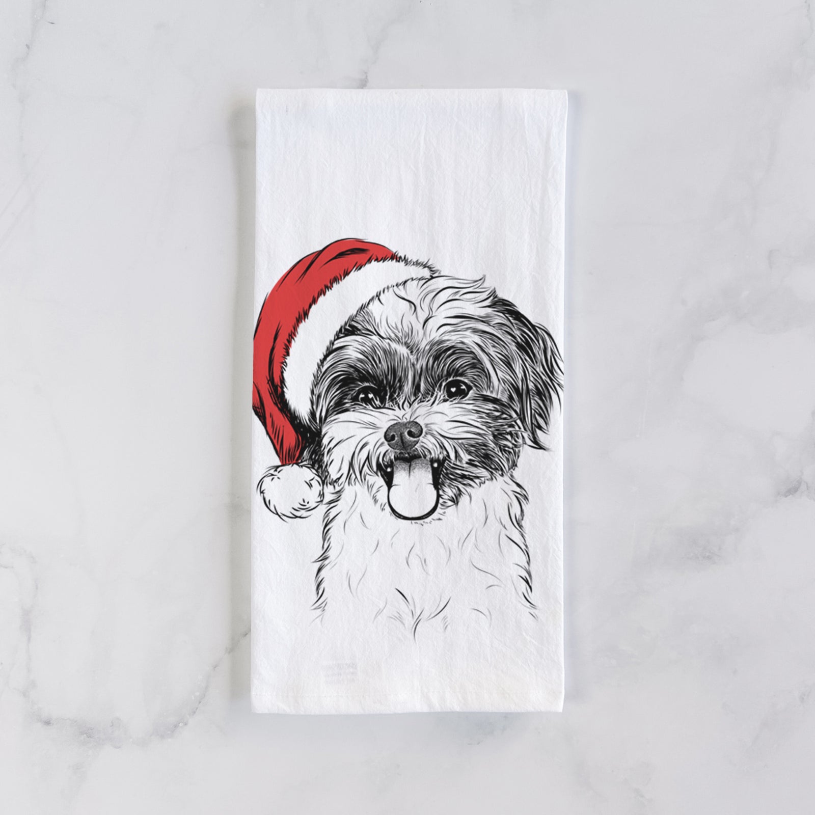 Hand-drawn sketch of Pepper the Shihpoo wearing a Santa hat on a tea towel