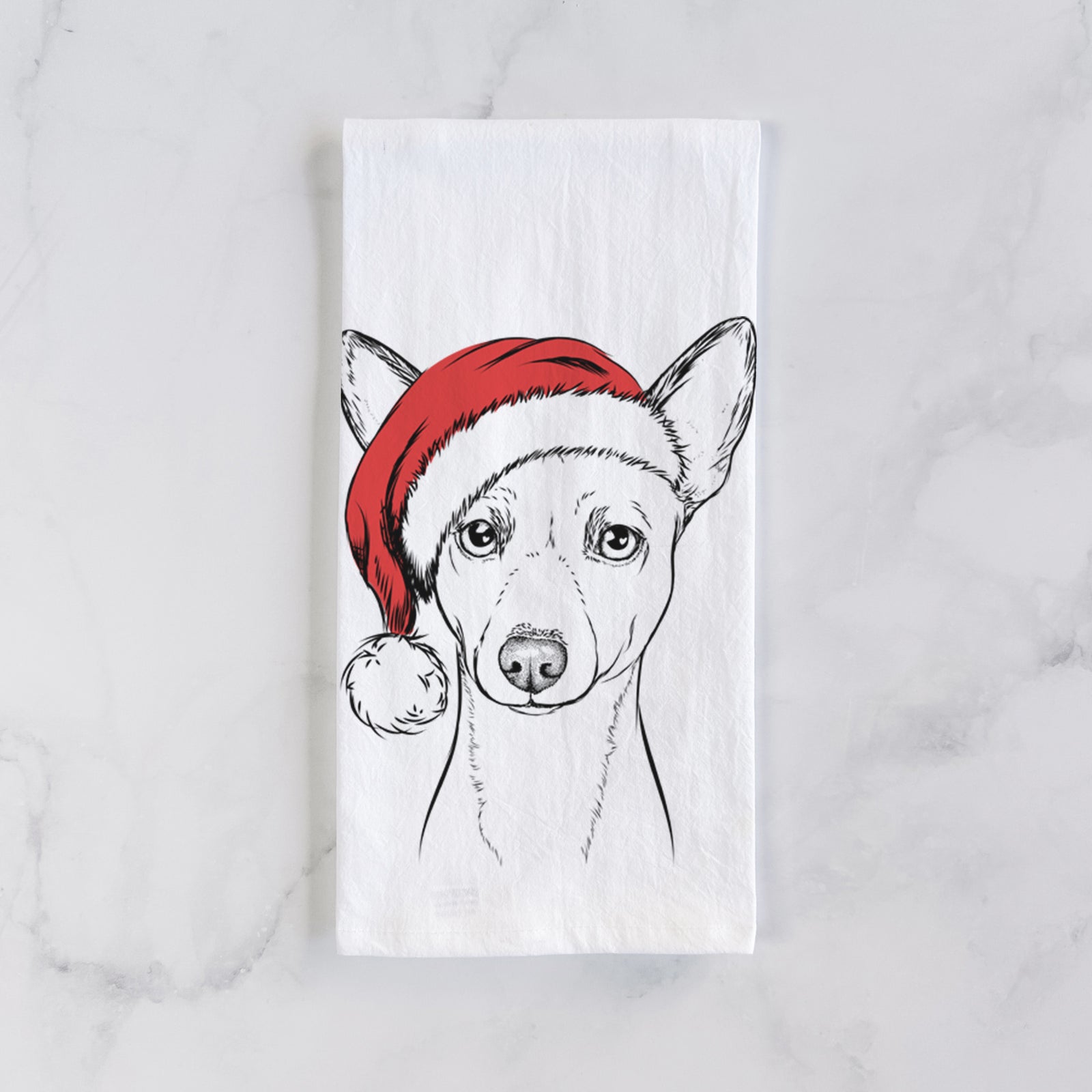 Hand-drawn sketch of Perry the Portuguese Podengo wearing a Santa hat on a tea towel