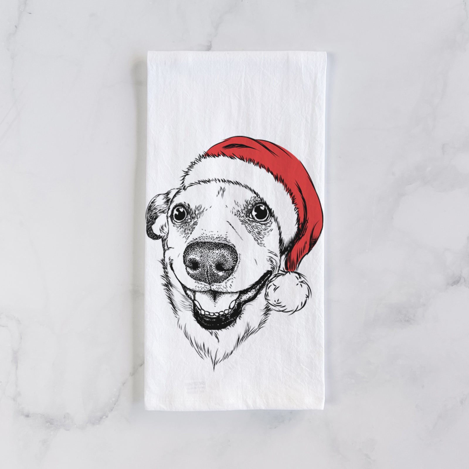Hand-drawn sketch of Petrah the Staffy Mix wearing a Santa hat on a tea towel